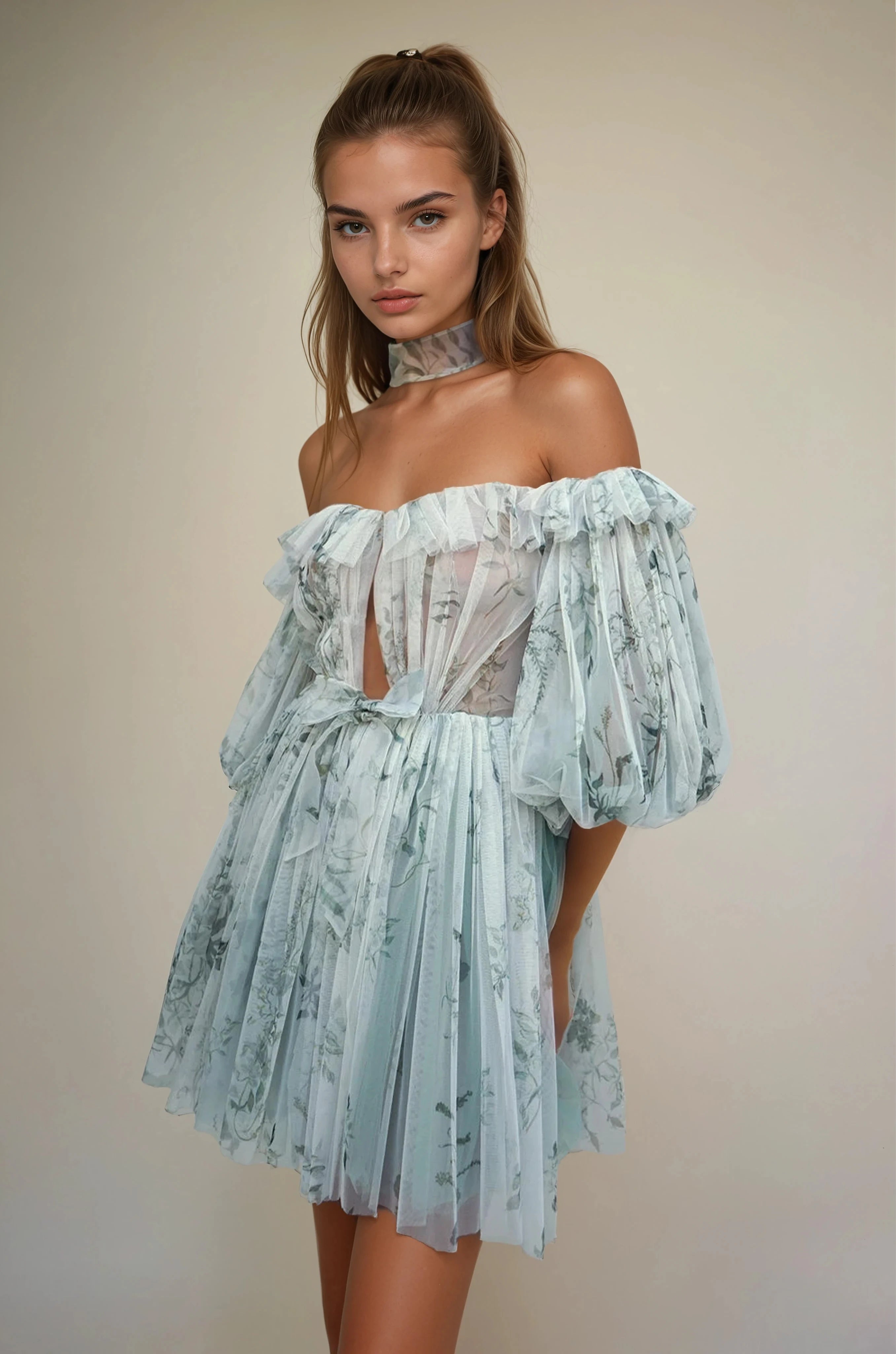 Archive Bougainvillea Hand Painted Print Pleat Tulle Mini Dress