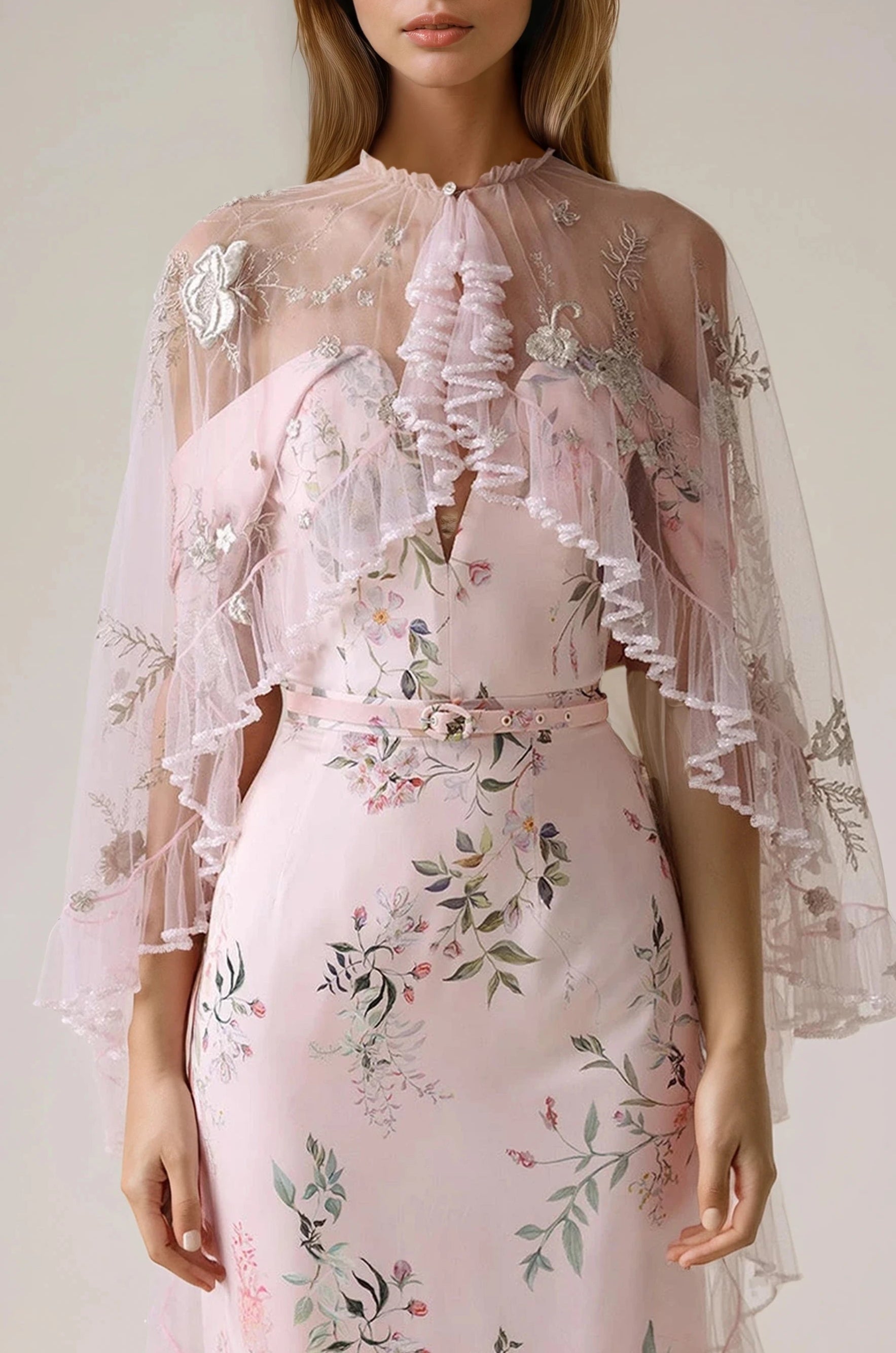 Archive Hand beaded Embroidered Crystal Rose Floor Length Cape