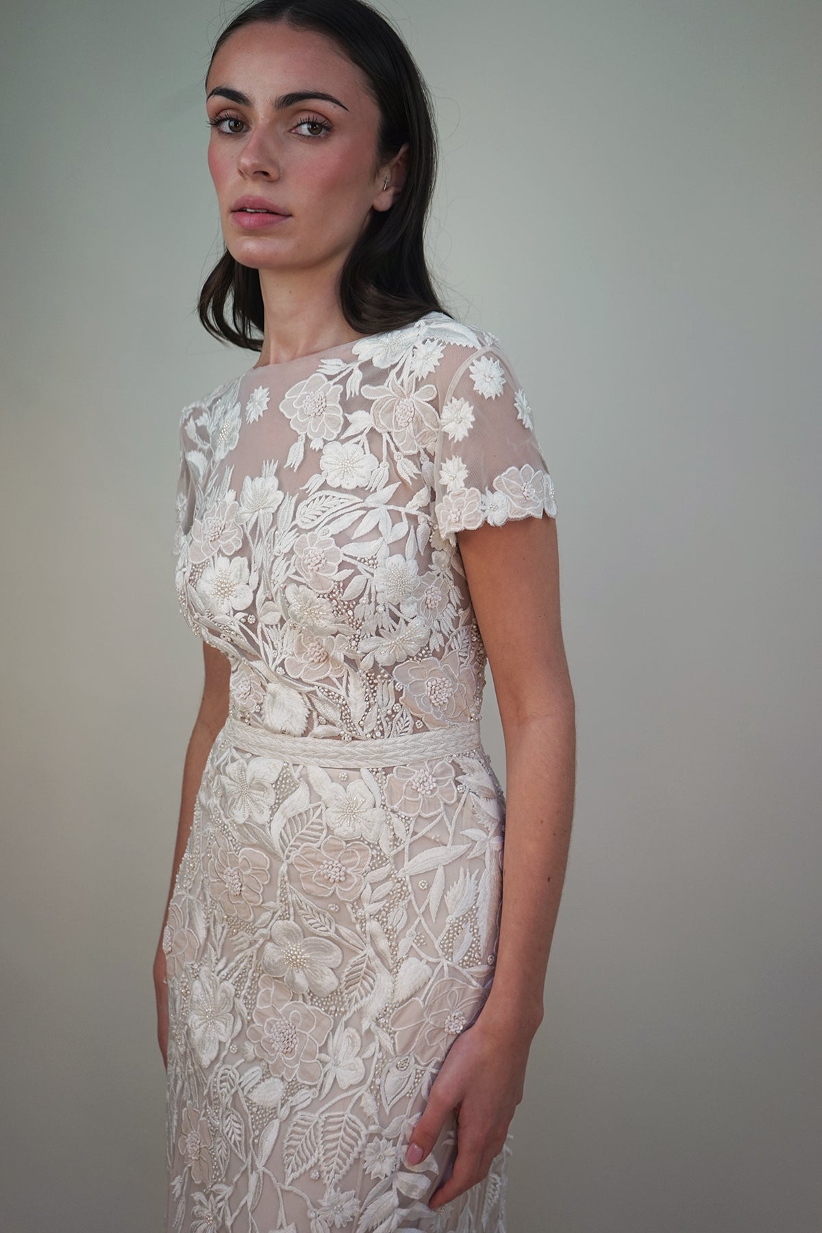 Archive Wild Rose Garden Gown With Open Back Detail in Seashell Blush with Beaded Infill