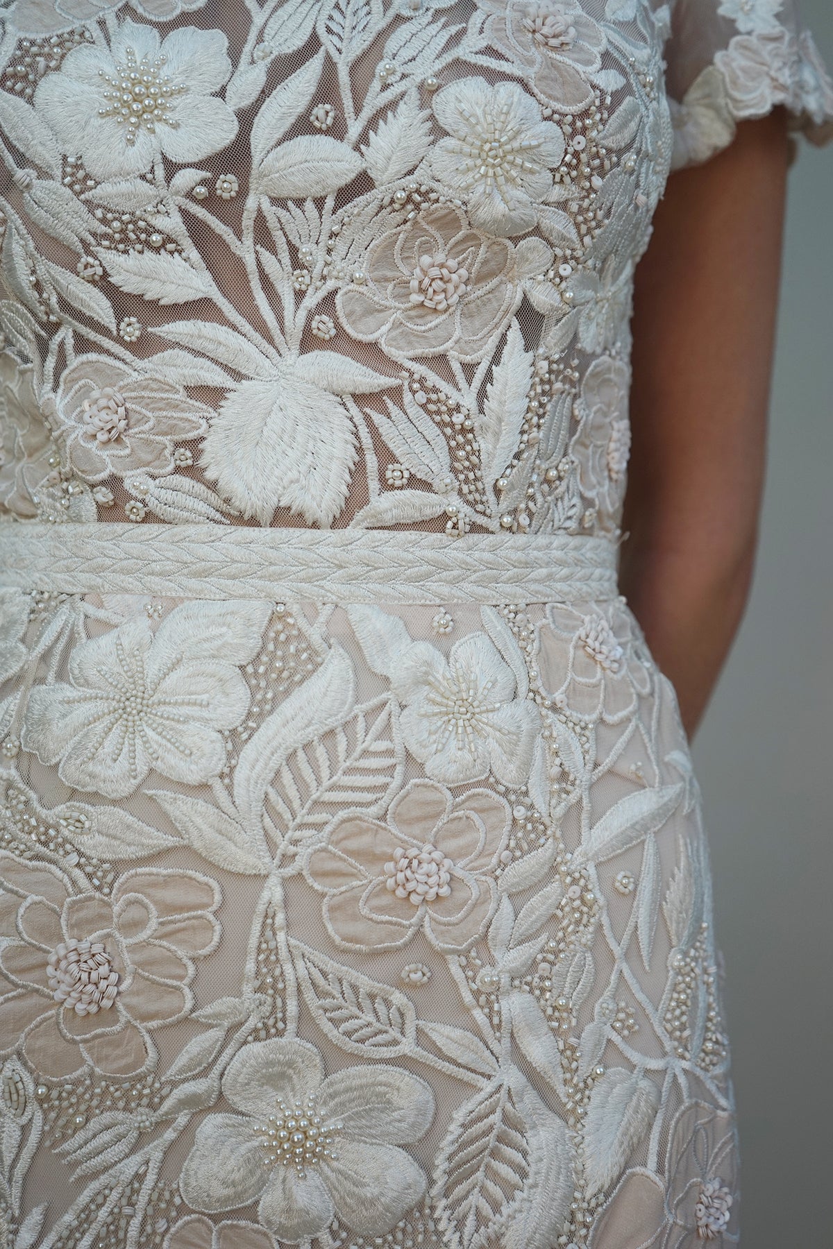 Archive Wild Rose Garden Gown With Open Back Detail in Seashell Blush with Beaded Infill