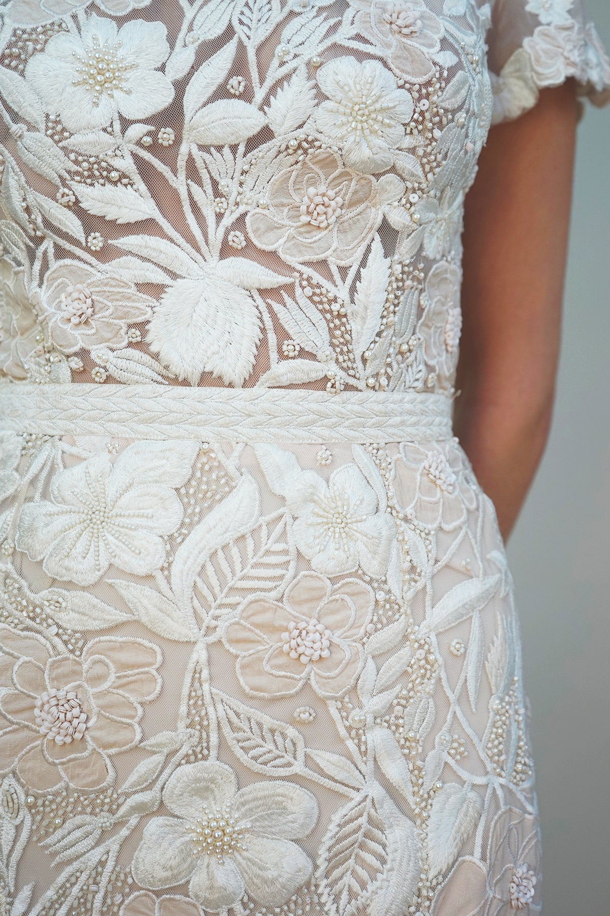 Archive Wild Rose Garden Gown With Open Back Detail in Seashell Blush with Beaded Infill