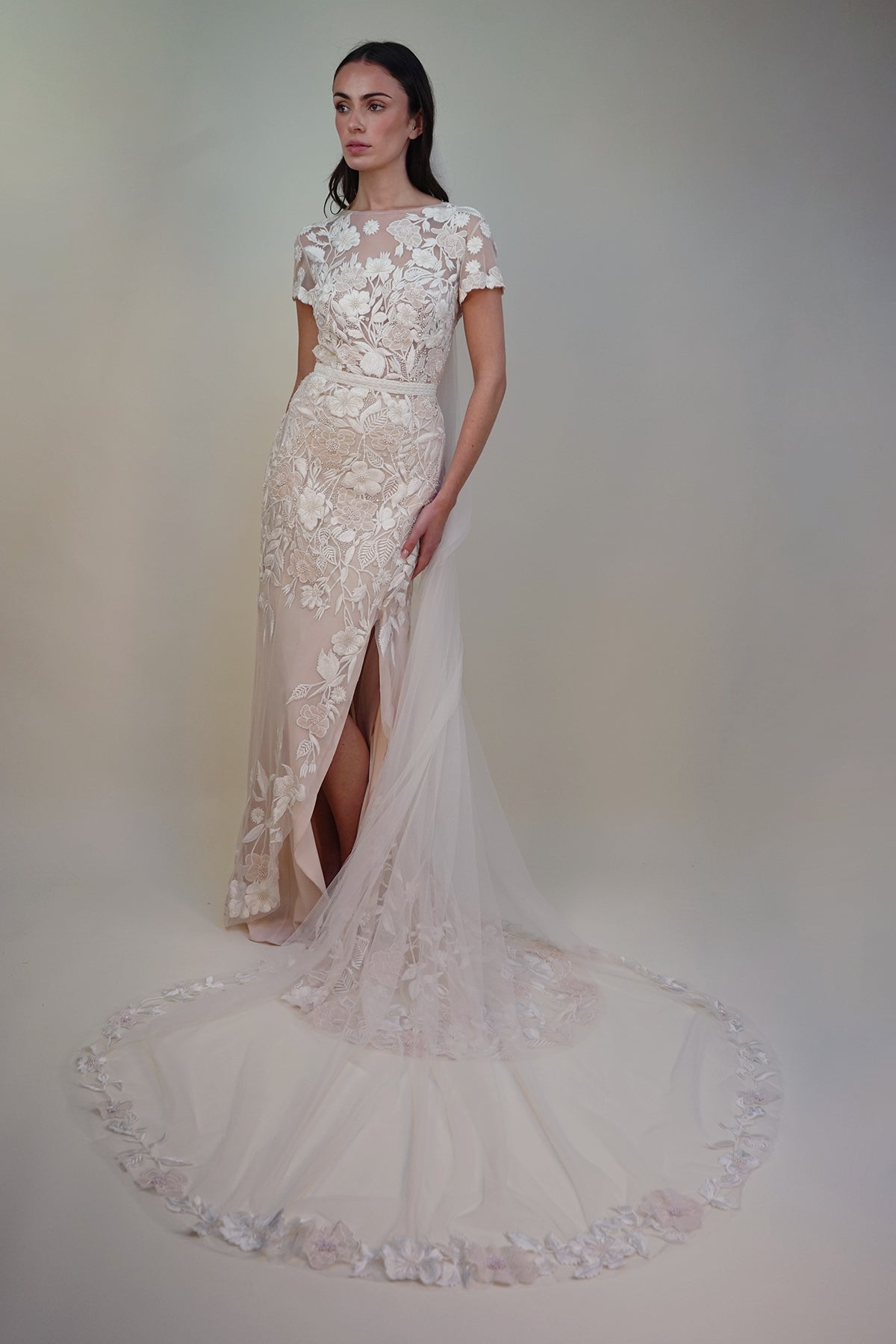Archive Wild Rose Garden Gown With Open Back Detail in Seashell Blush with Beaded Infill