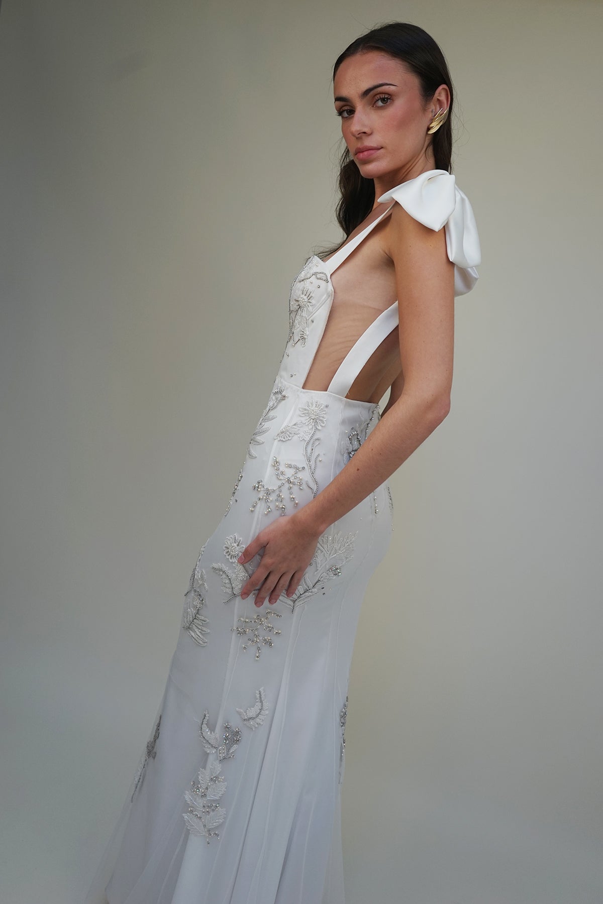 Archive Lunar Garden Cupped Deep V Gown with Satin Bow Straps
