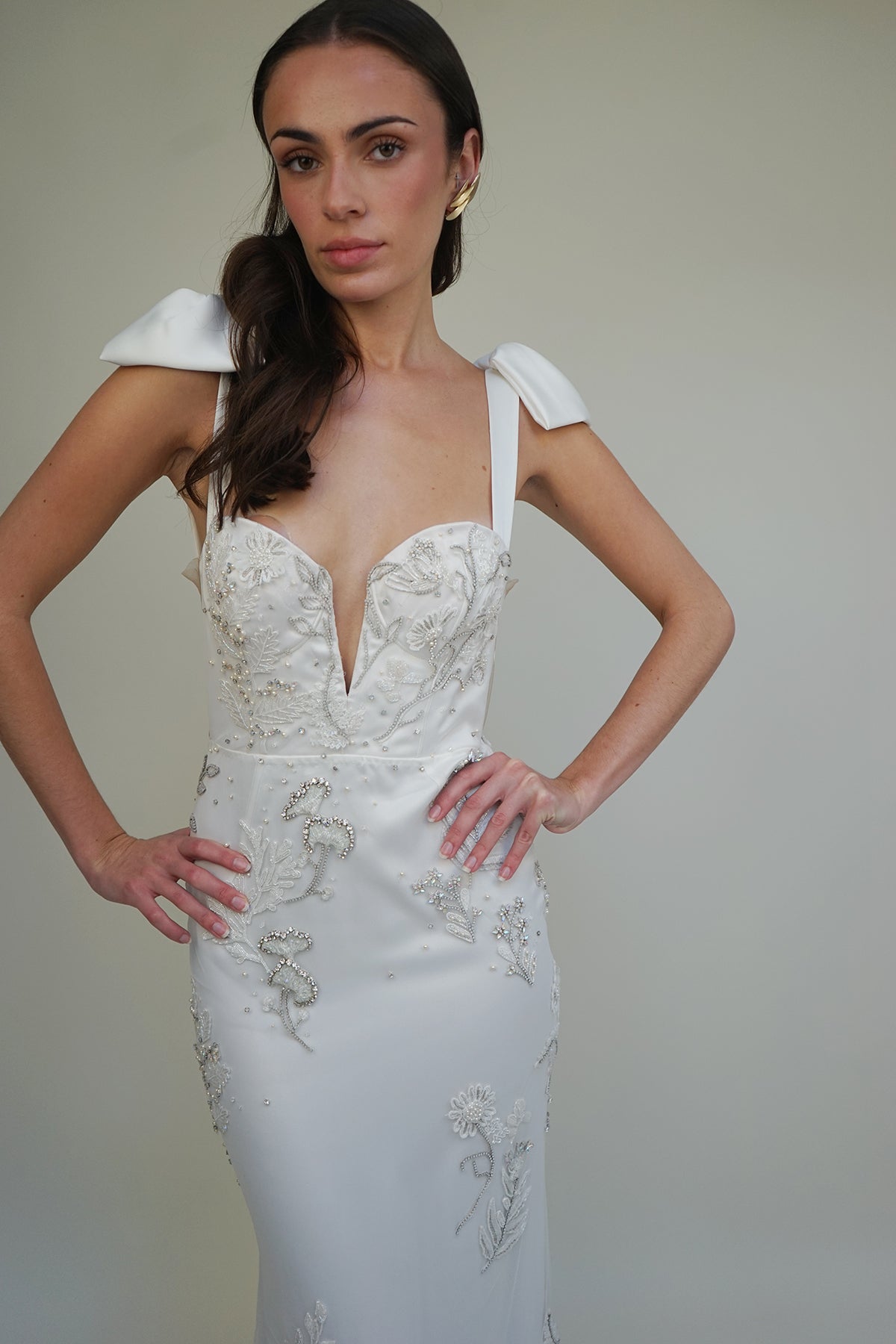 Archive Lunar Garden Cupped Deep V Gown with Satin Bow Straps