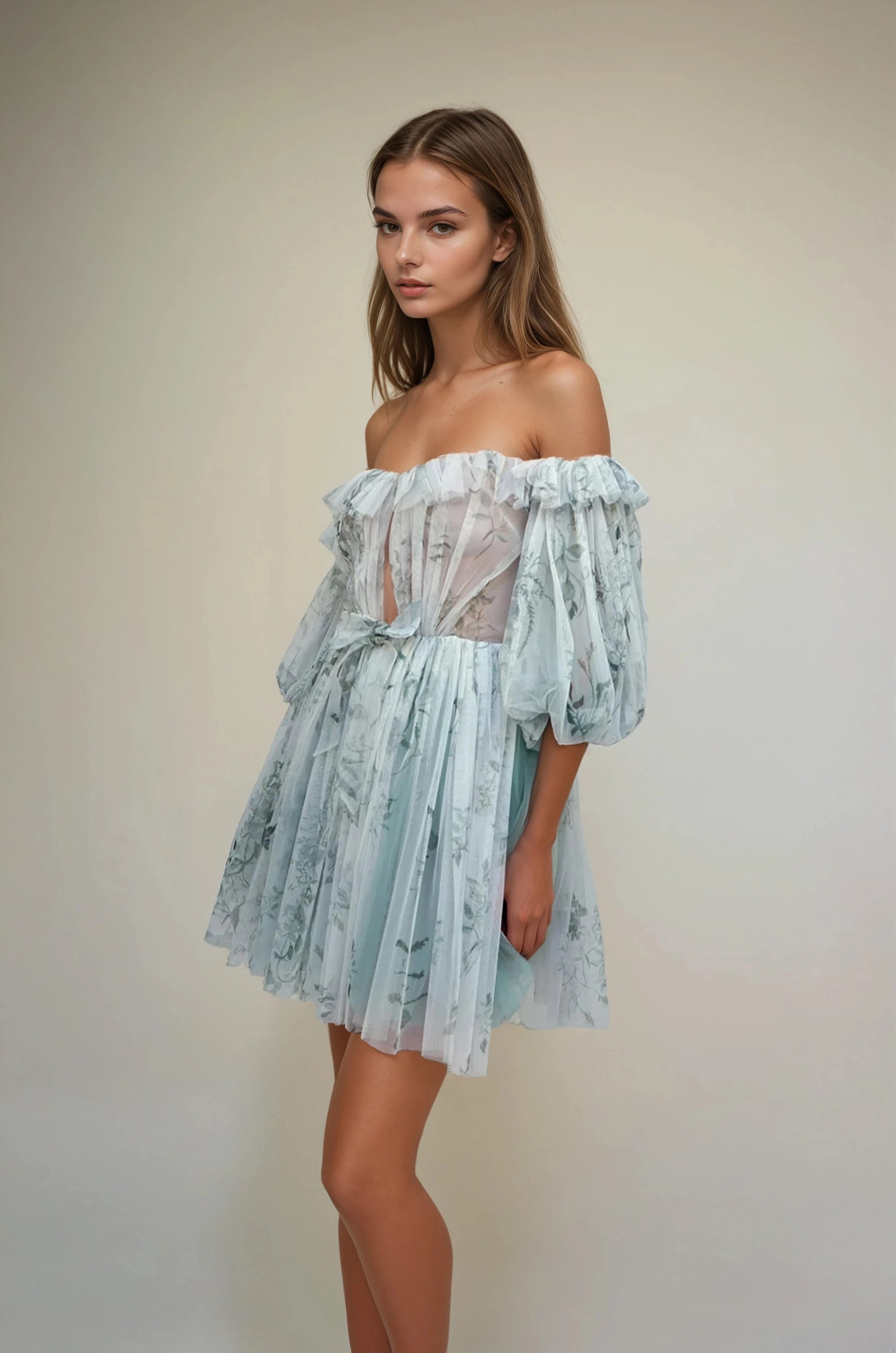 Archive Bougainvillea Hand Painted Print Pleat Tulle Mini Dress