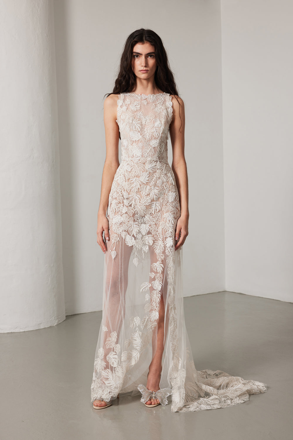 Archive Monstera Racer Neck SL Gown Floral White- New Sample