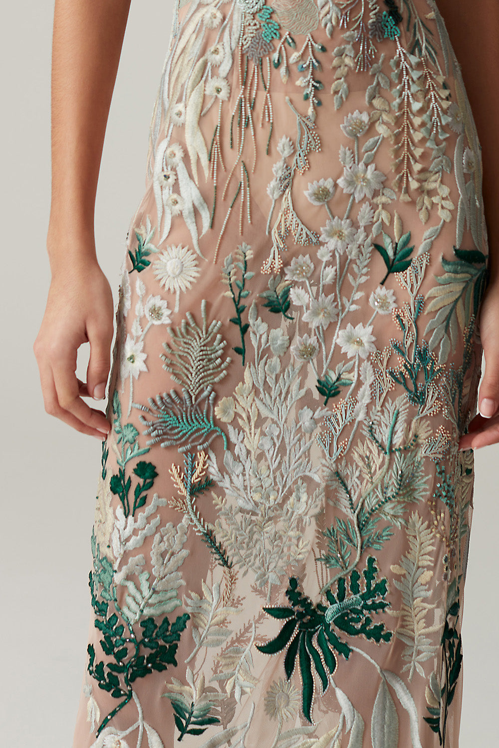 Archive Underwater Wildflower Column Gown in Sea Glass with Cross Neck - Runway