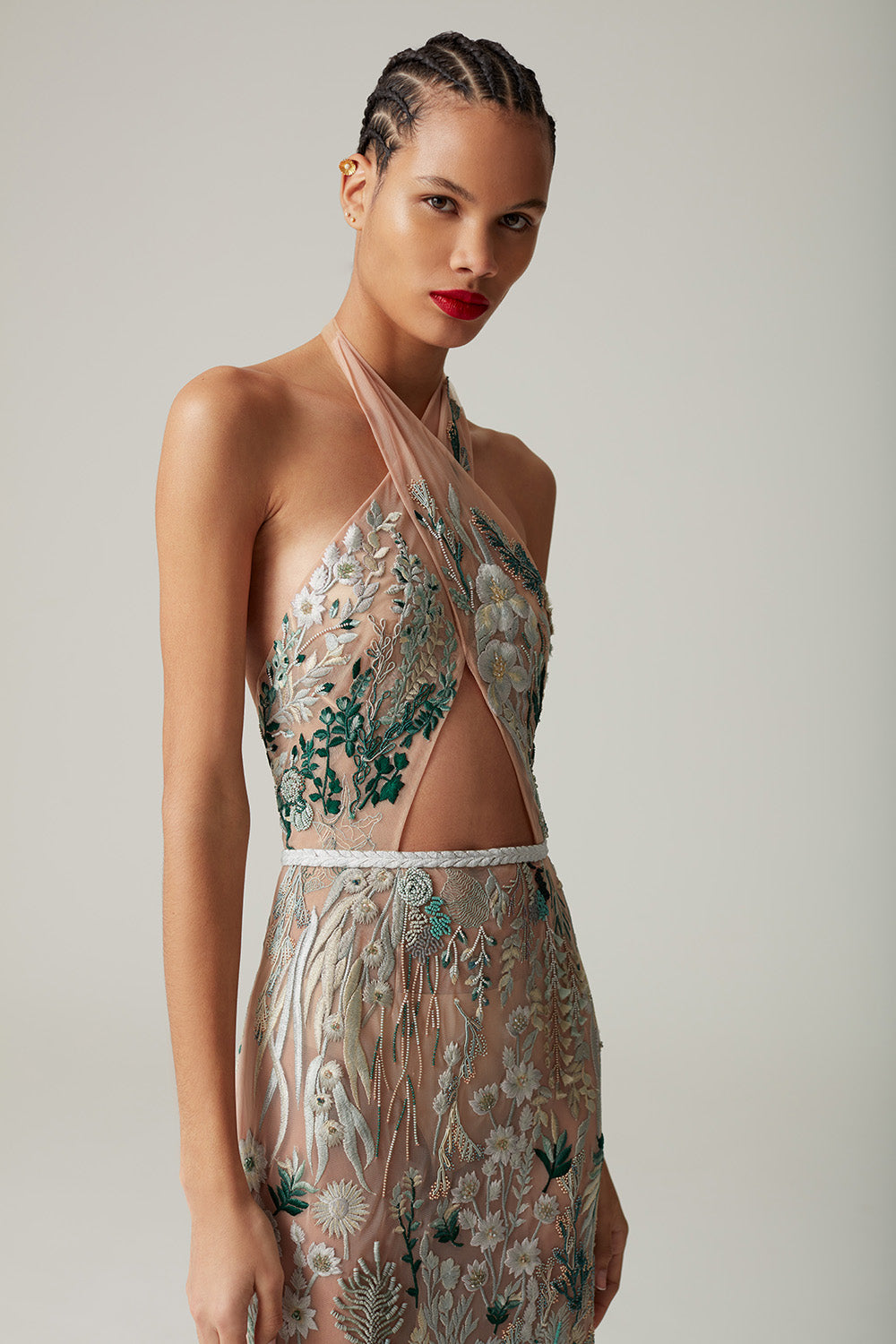 Archive Underwater Wildflower Column Gown in Sea Glass with Cross Neck - Runway