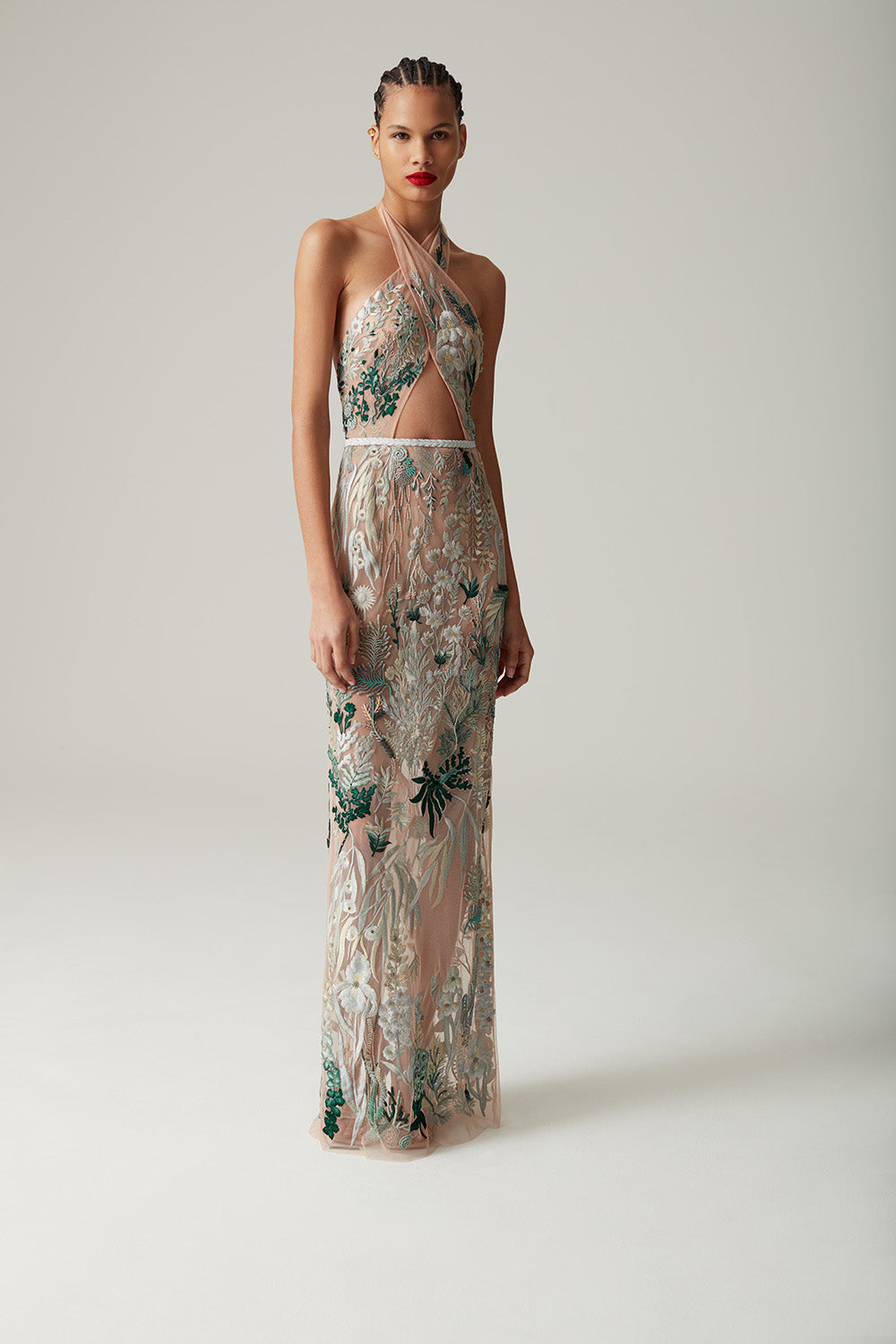 Archive Underwater Wildflower Column Gown in Sea Glass with Cross Neck - Runway