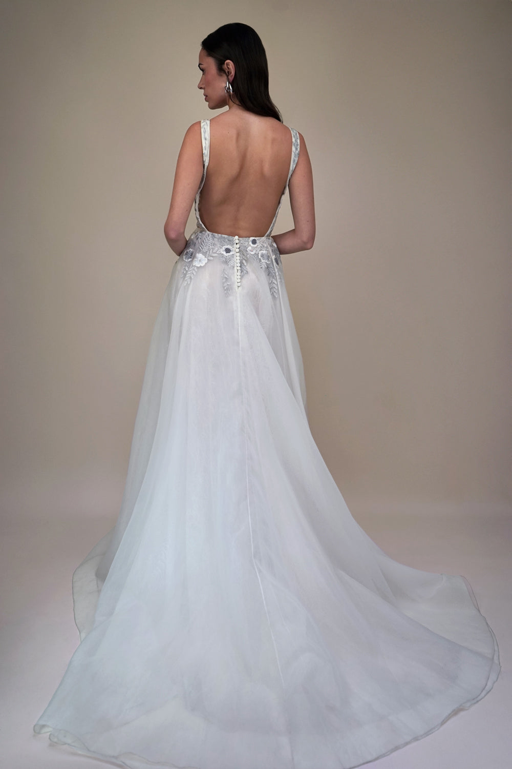 RTW Fern and Rose Illusion V-Neck Gown With Moon Rock Embroidery