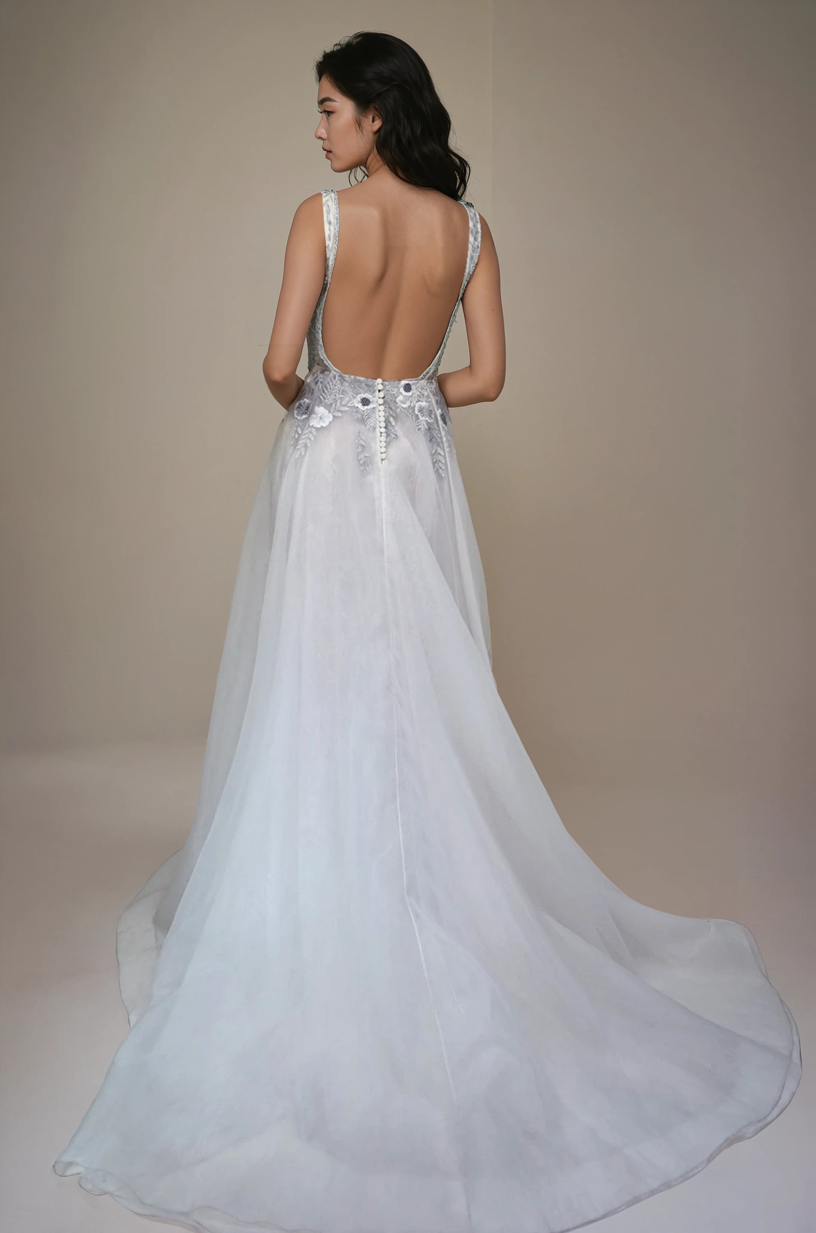 Fern and Rose Illusion V Organza & Tulle SL Gown Moon Rock