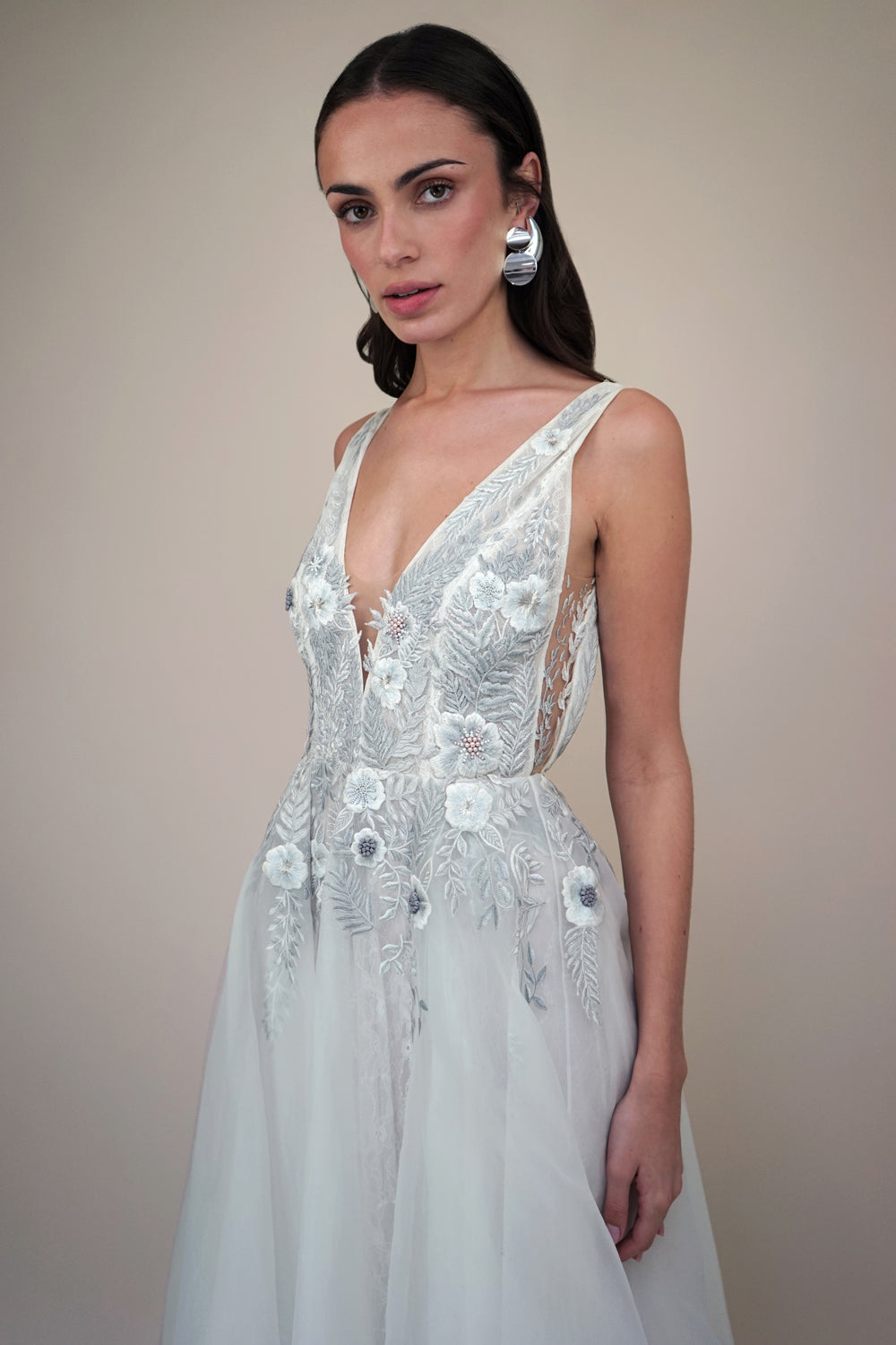 RTW Fern and Rose Illusion V-Neck Gown With Moon Rock Embroidery