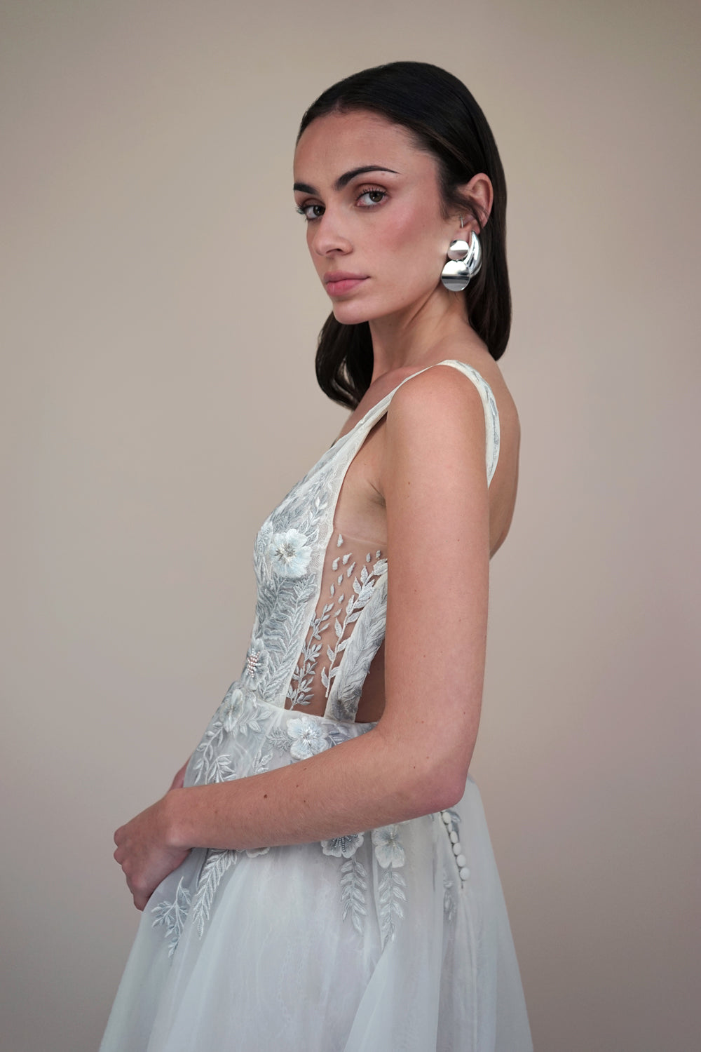 RTW Fern and Rose Illusion V-Neck Gown With Moon Rock Embroidery