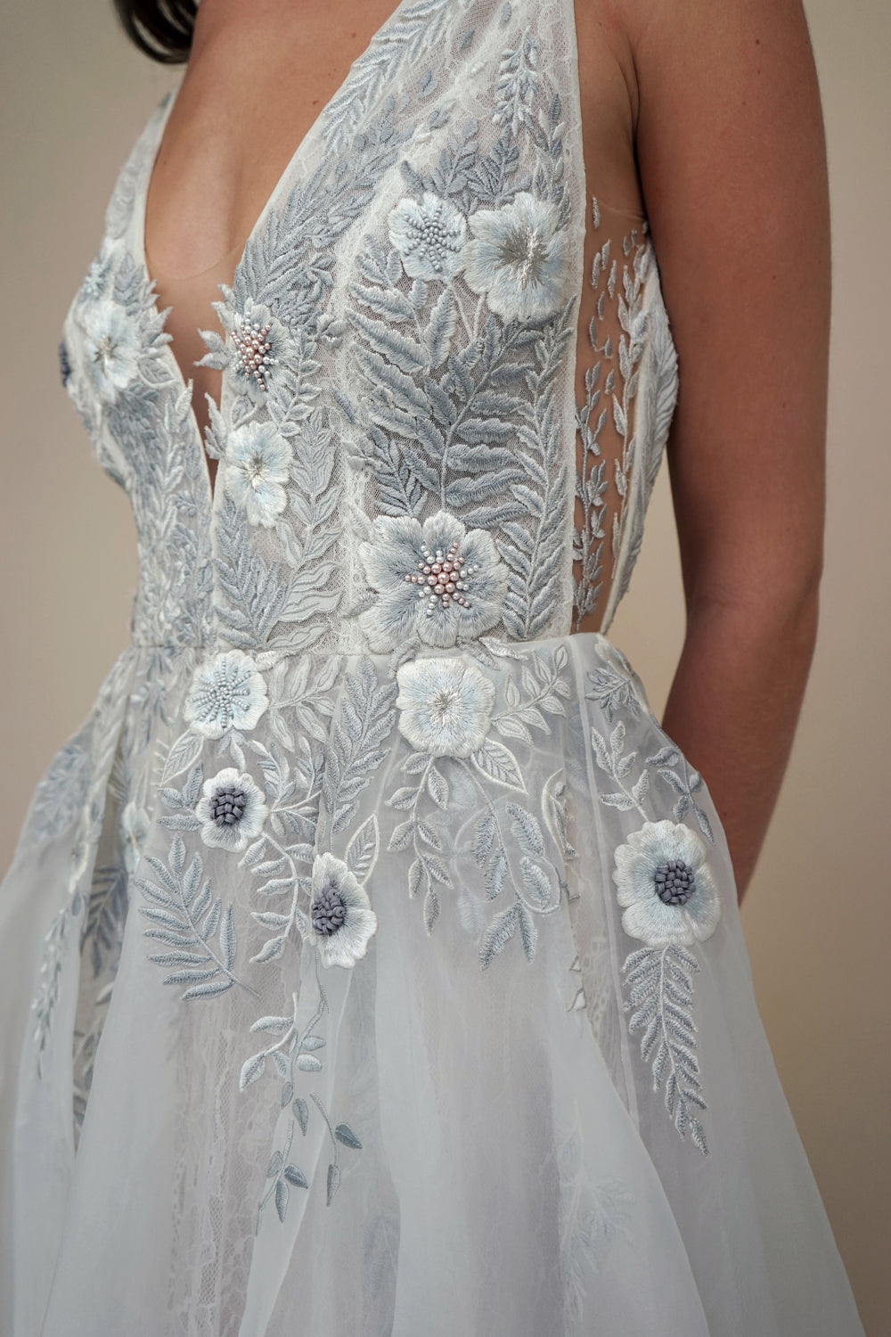 RTW Fern and Rose Illusion V-Neck Gown With Moon Rock Embroidery