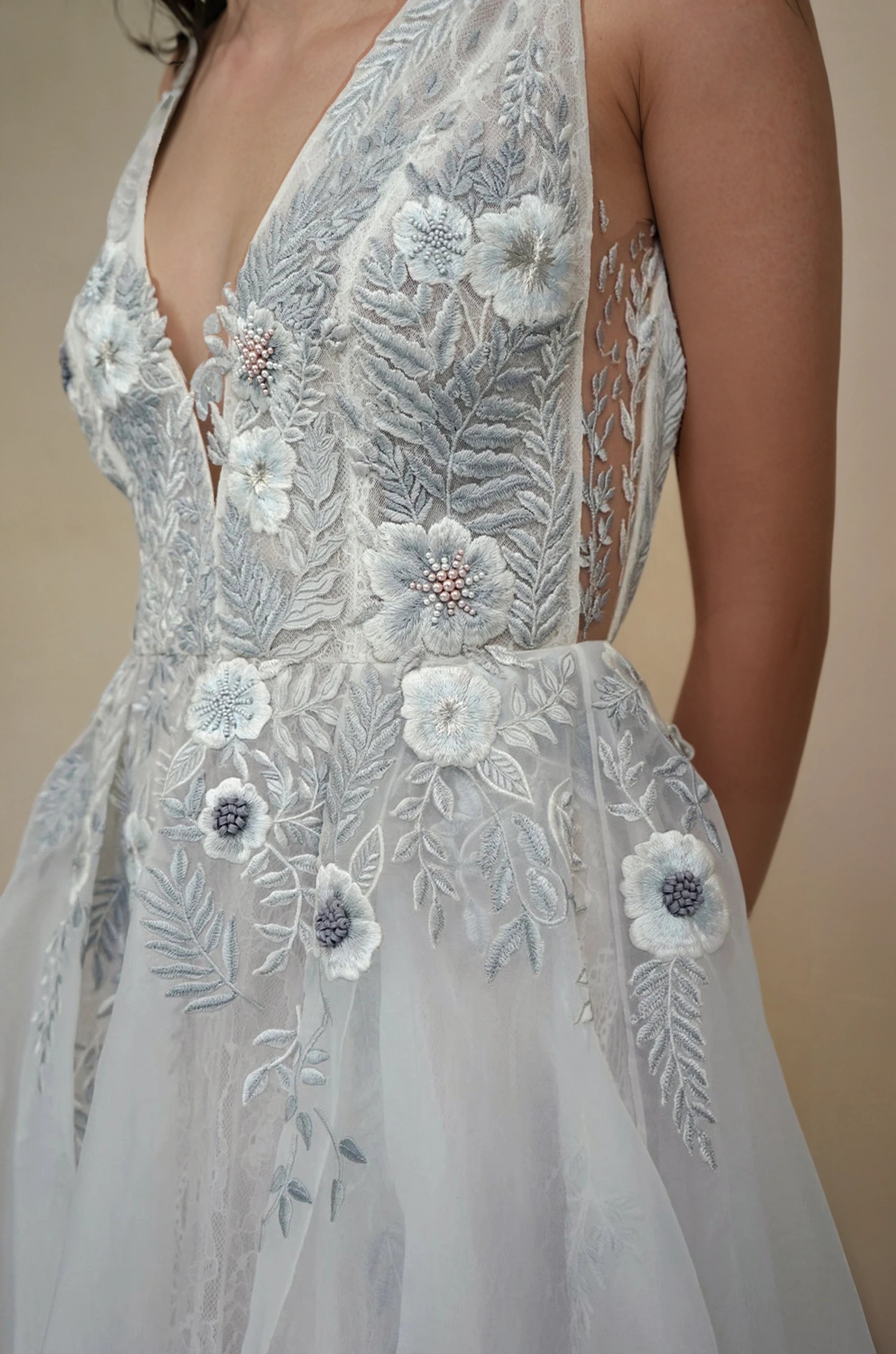 Fern and Rose Illusion V Organza & Tulle SL Gown Moon Rock