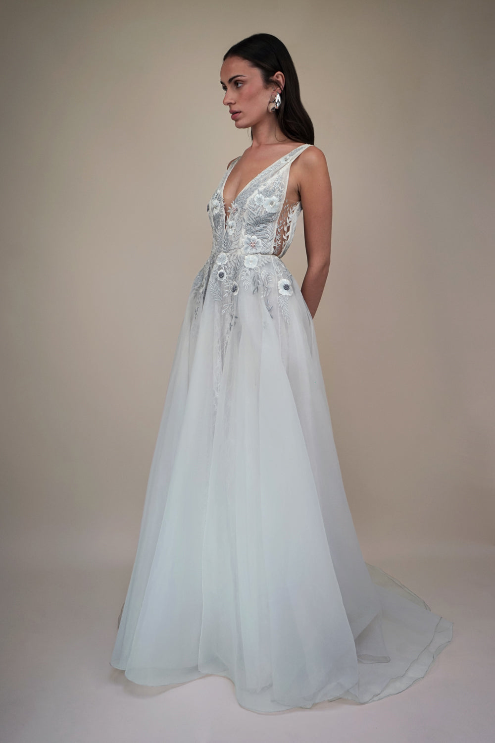 RTW Fern and Rose Illusion V-Neck Gown With Moon Rock Embroidery