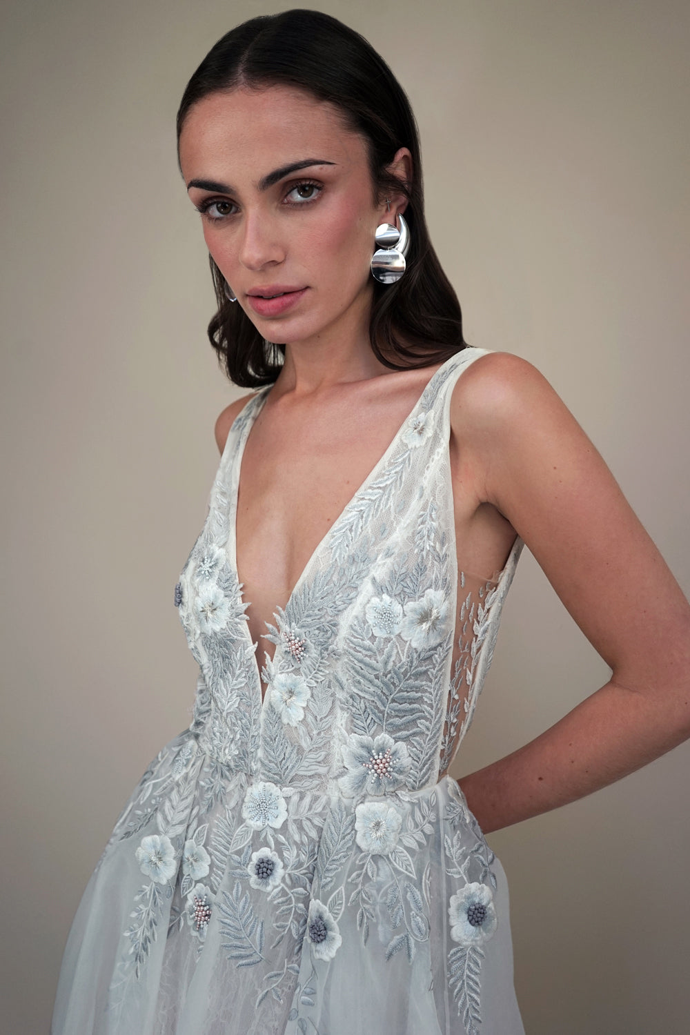 RTW Fern and Rose Illusion V-Neck Gown With Moon Rock Embroidery