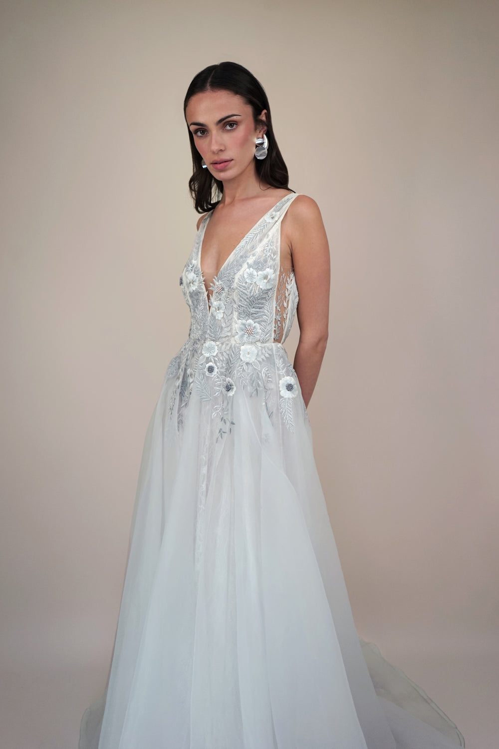 RTW Fern and Rose Illusion V-Neck Gown With Moon Rock Embroidery
