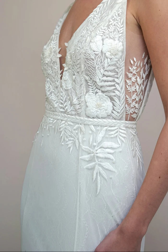 Archive Fern and Rose Slim Fit Gown with Deep V Illusion Neckline & Forest Green Sage Hem