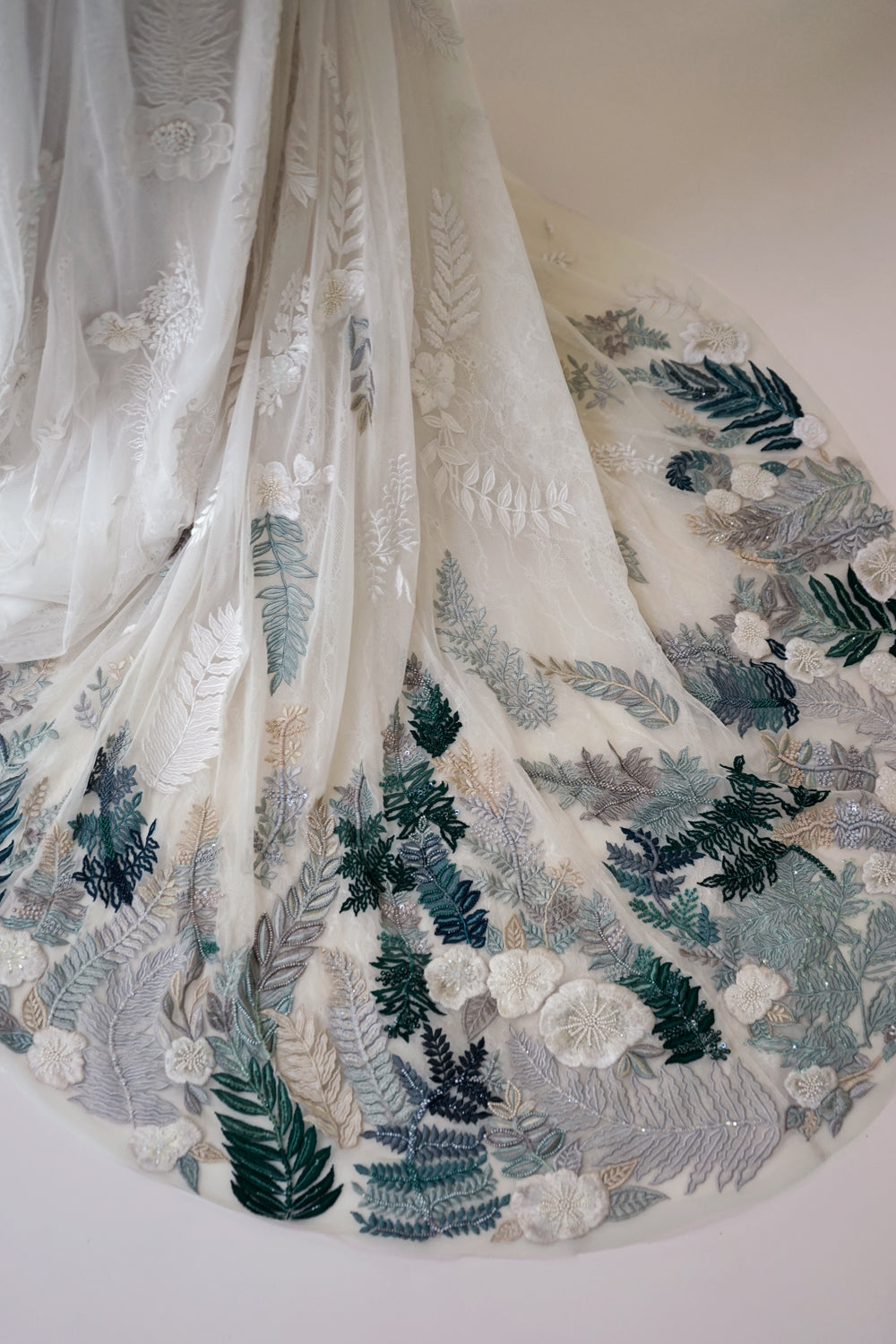 Archive Fern and Rose Slim Fit Gown with Deep V Illusion Neckline & Forest Green Sage Hem