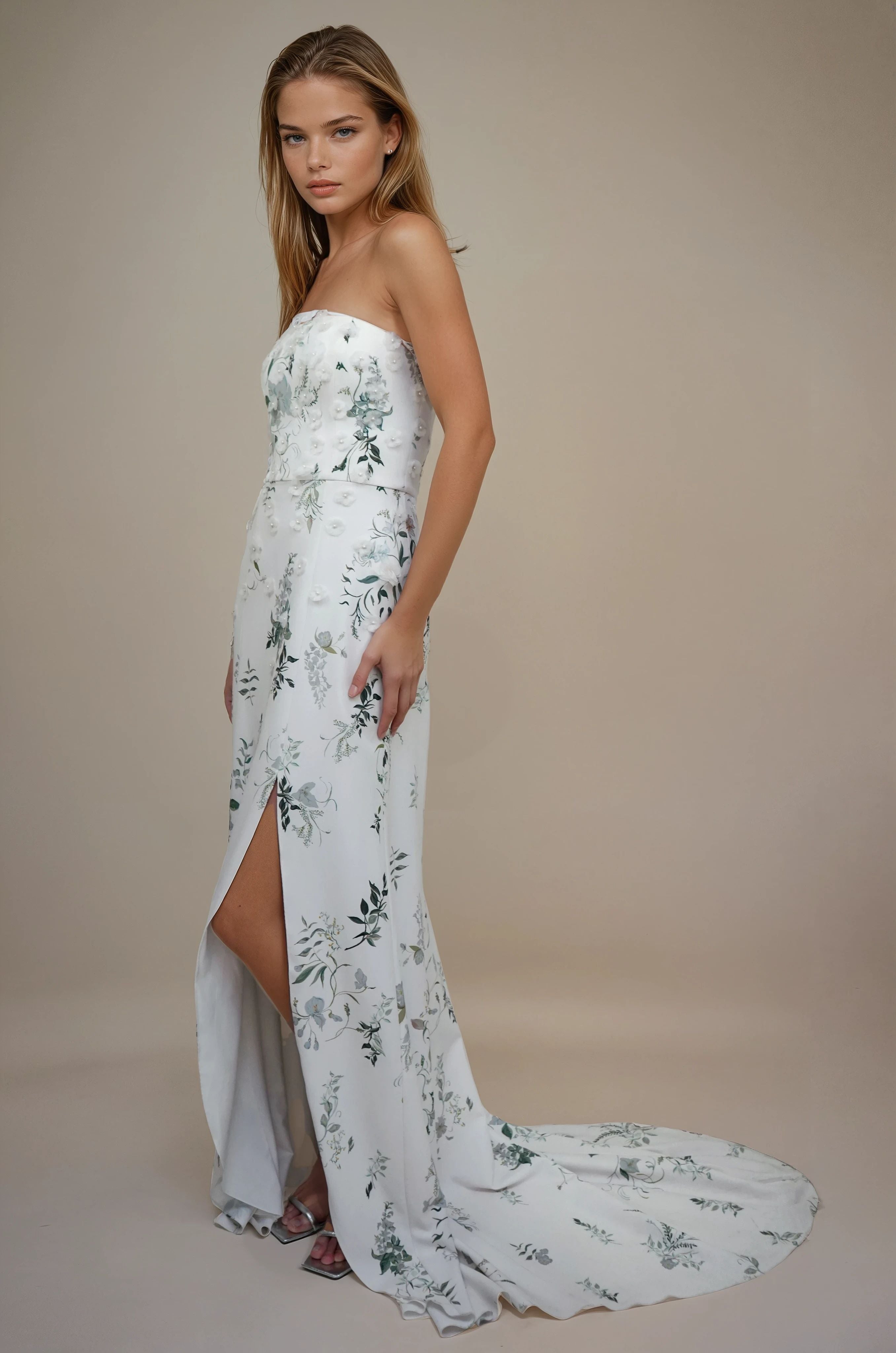 Archive Bougainvillea Oasis Curve Split Gown with 3D Hand Made Flowers