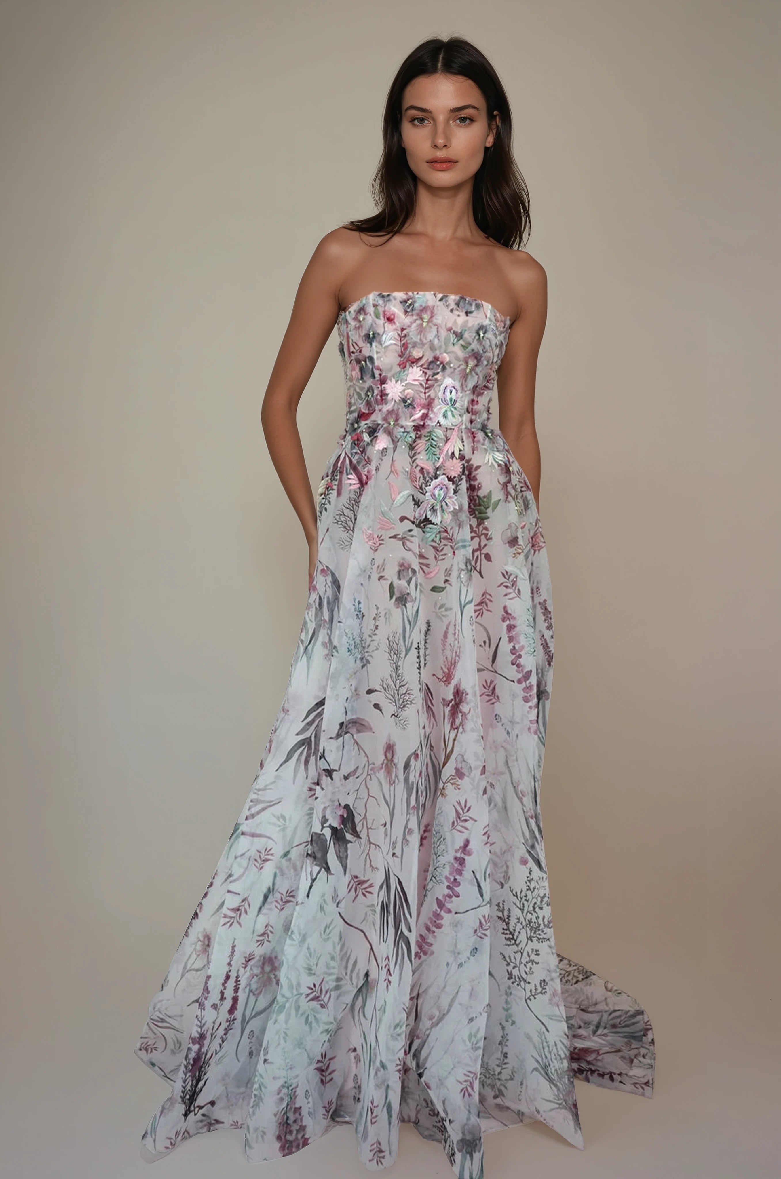 Printed Underwater Wildflower SL Gown With 3D Elements Midnight