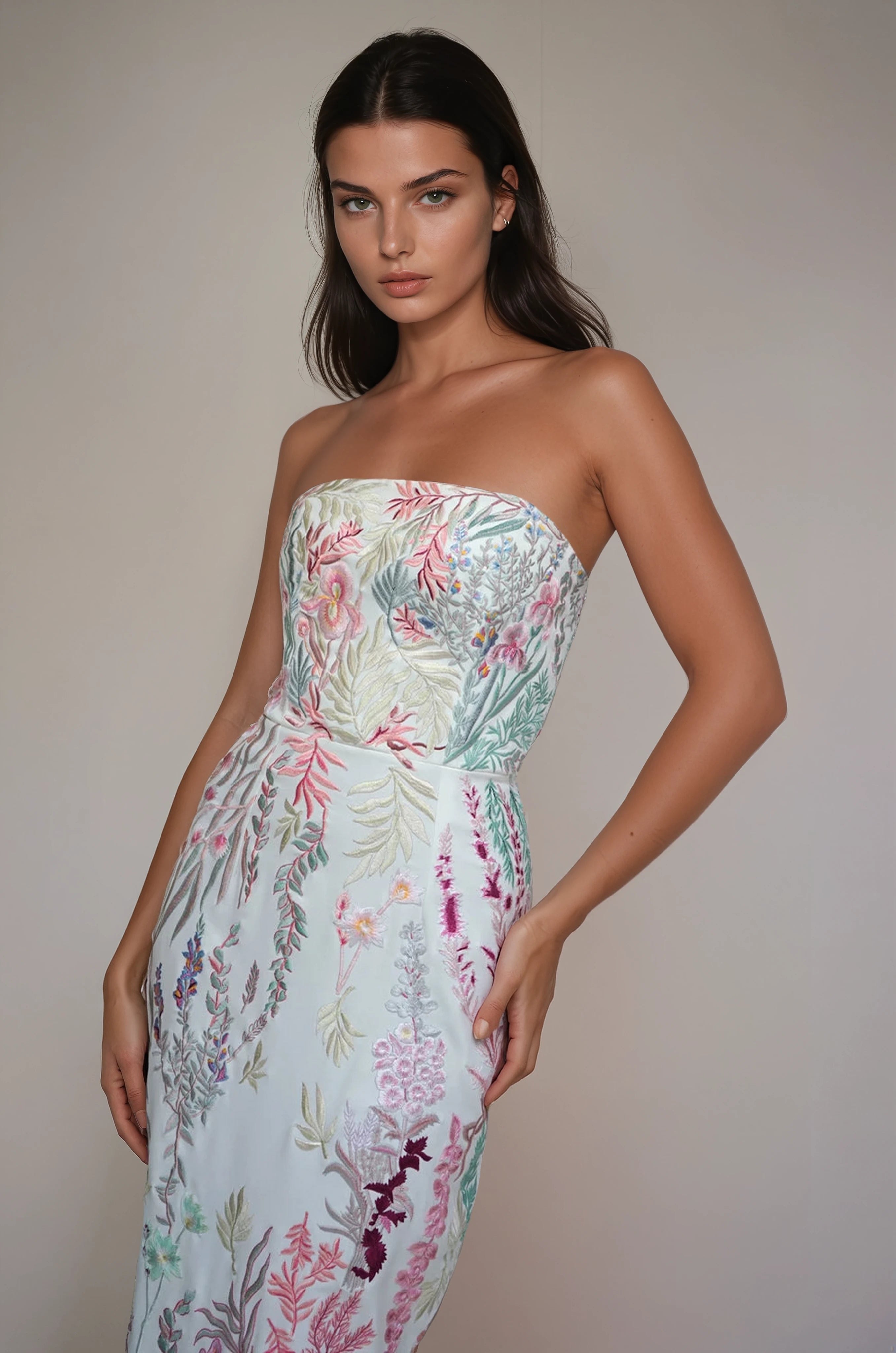 Underwater Wildflower Bustier Crepe Column Gown Blush