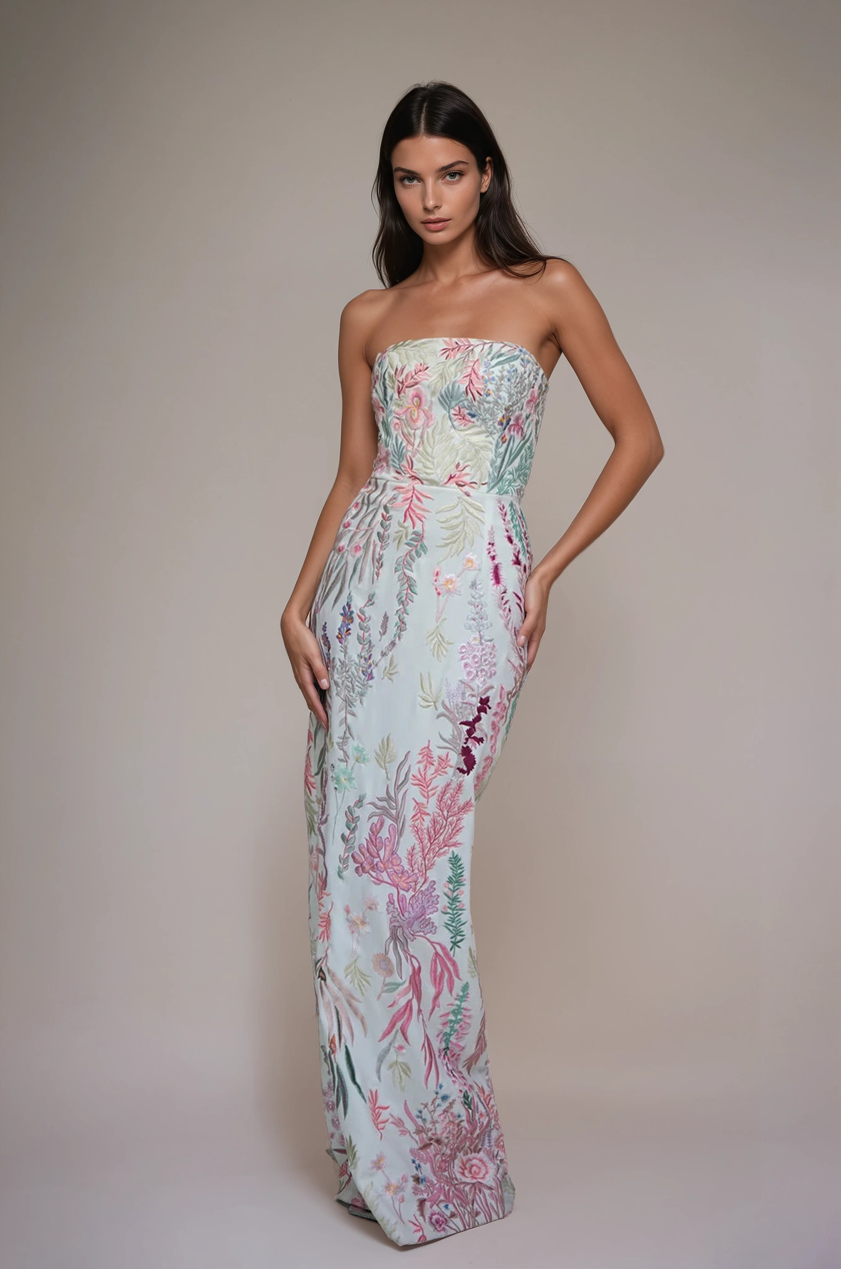 Underwater Wildflower Bustier Crepe Column Gown Blush
