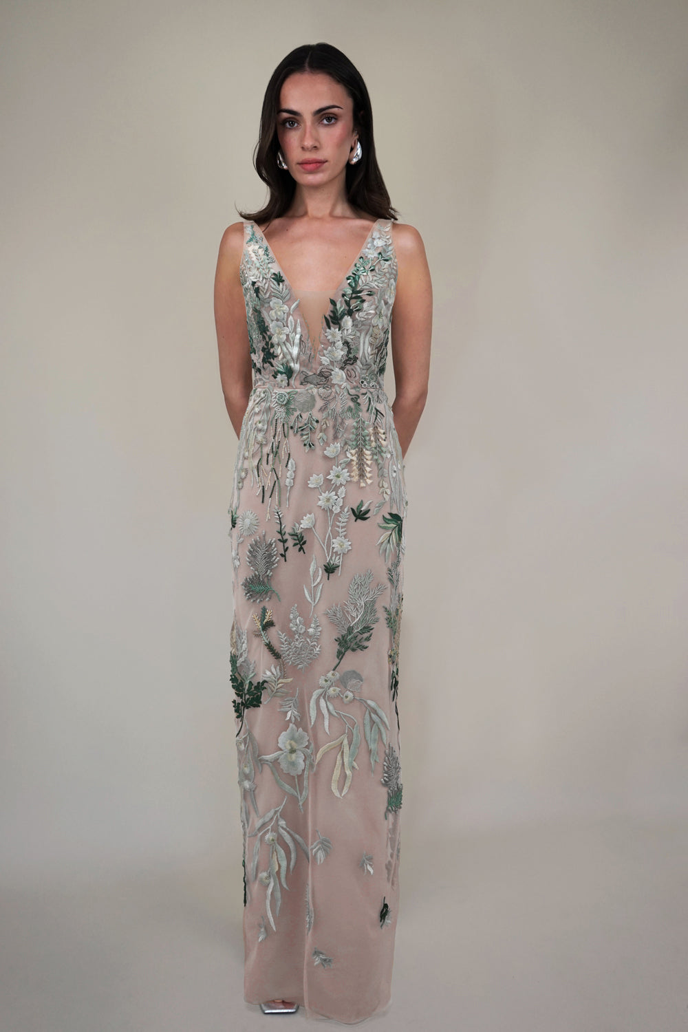 Underwater Wildflower Illusion V Front Tulle Gown | Sea Glass Green