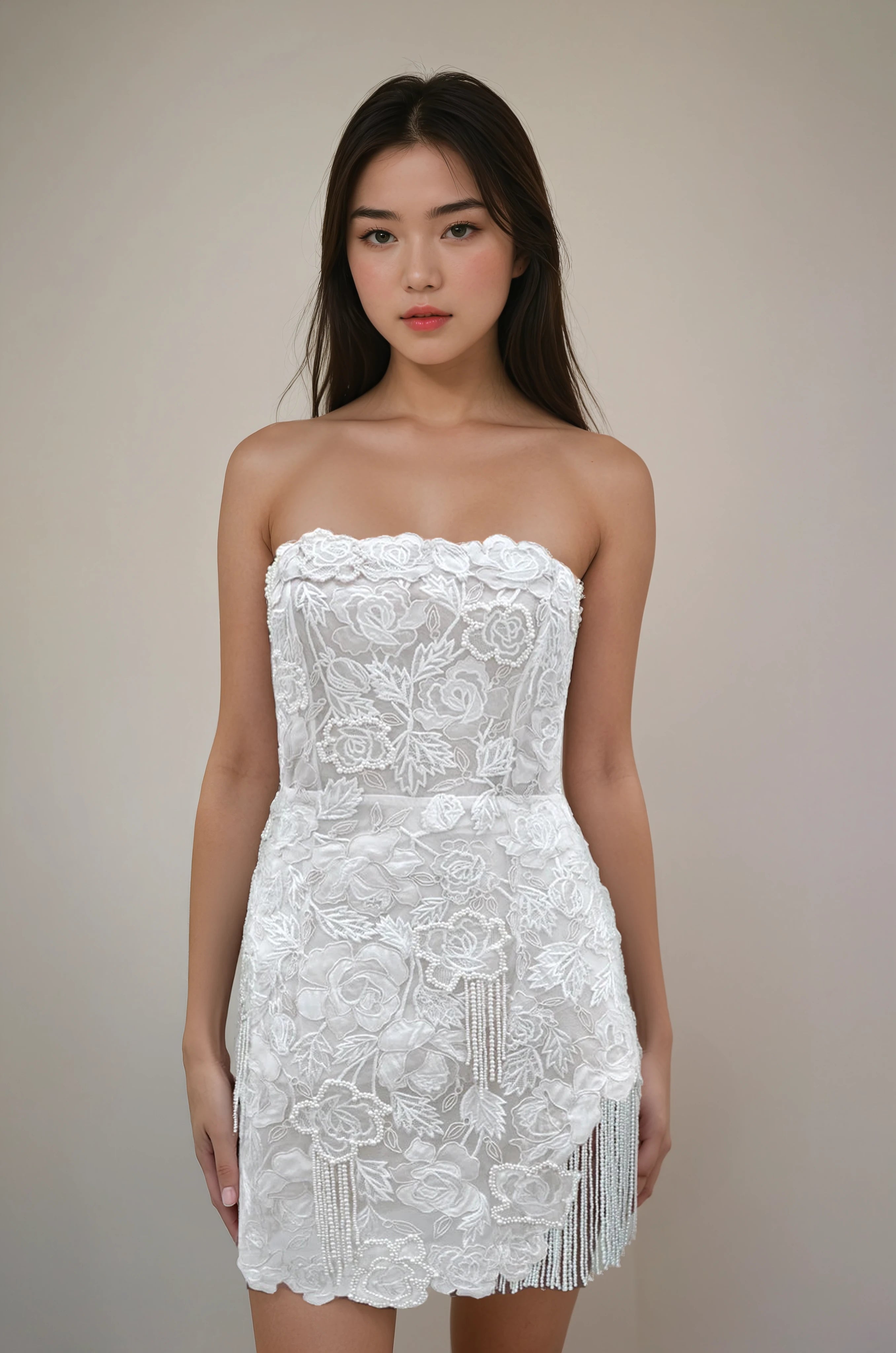 Wild Rose Pearl Beaded Tassel SL Mini Gown Floral White