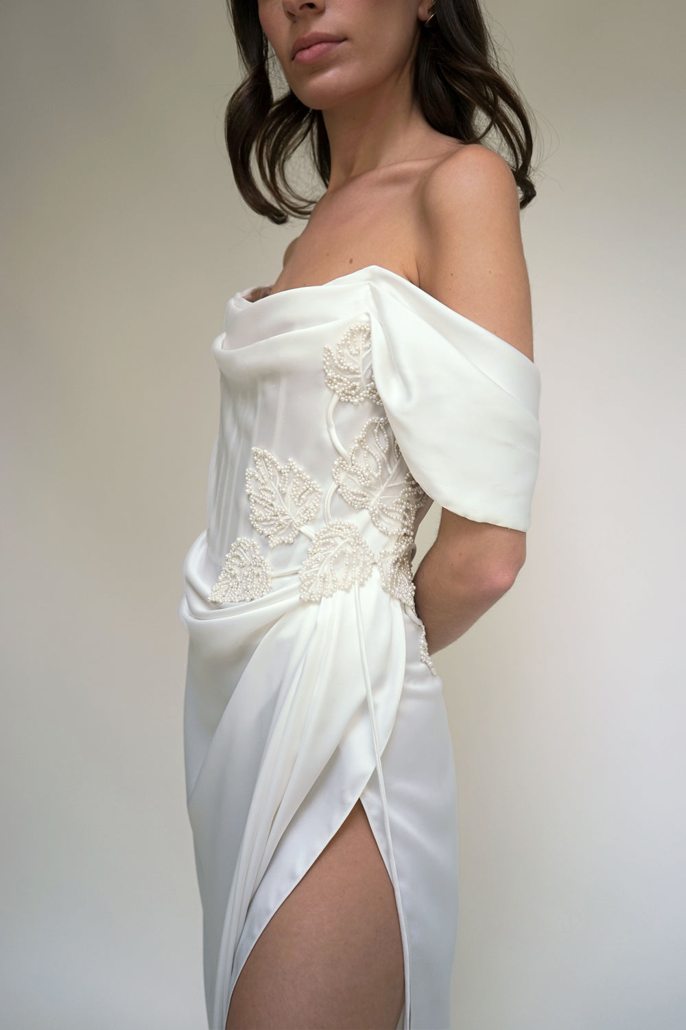 Satin Drape Gown with Pearl Monstera