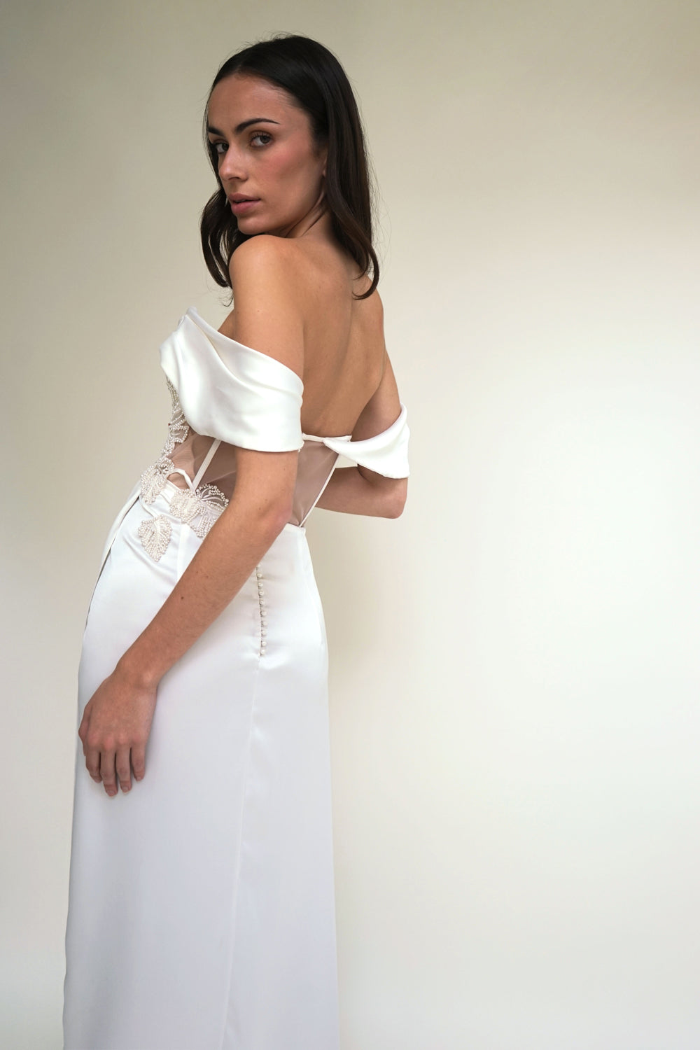 Satin Drape Gown with Pearl Monstera