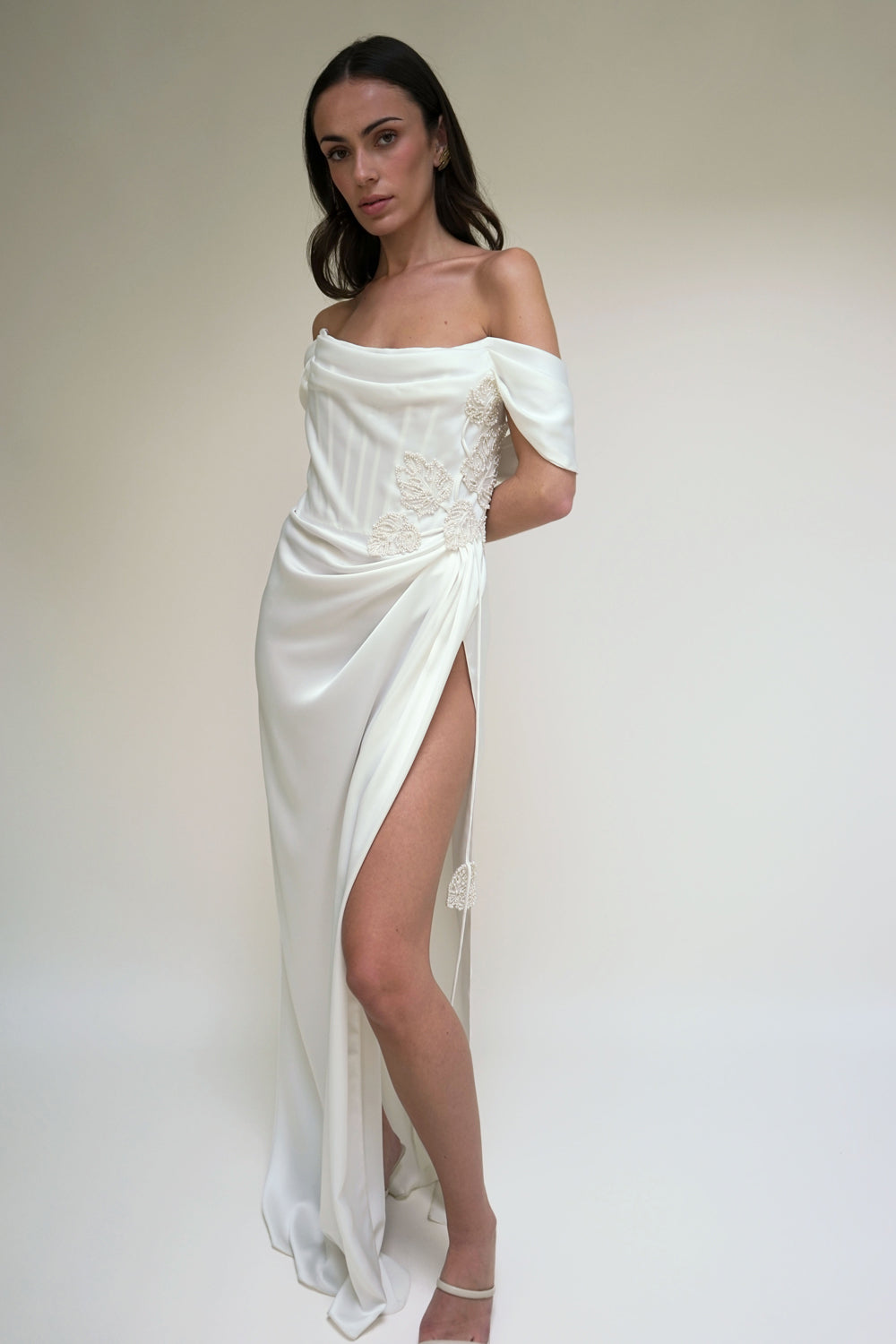 Satin Drape Gown with Pearl Monstera