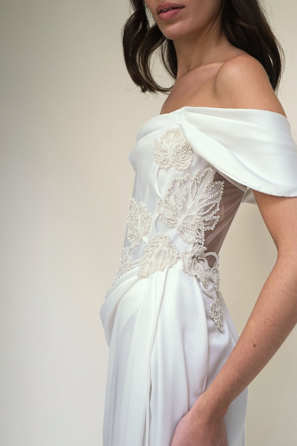 Satin Drape Gown with Pearl Monstera