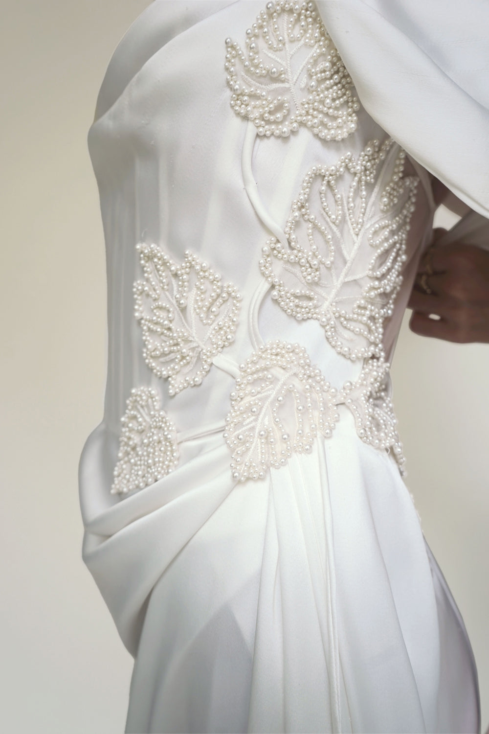 Satin Drape Gown with Pearl Monstera