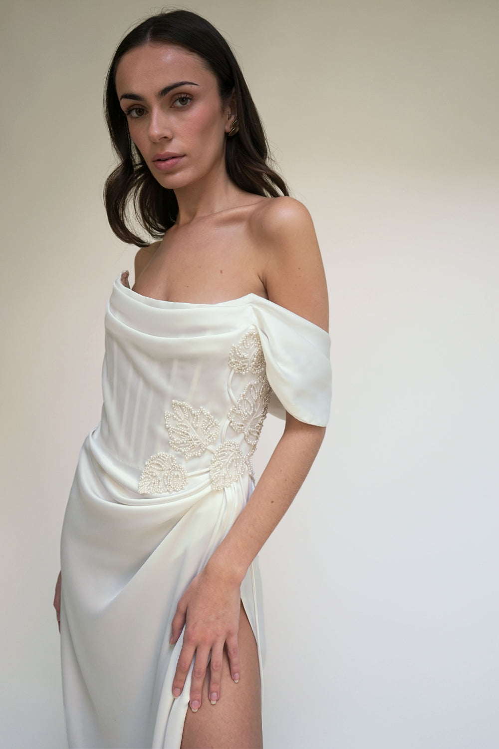 Satin Drape Gown with Pearl Monstera
