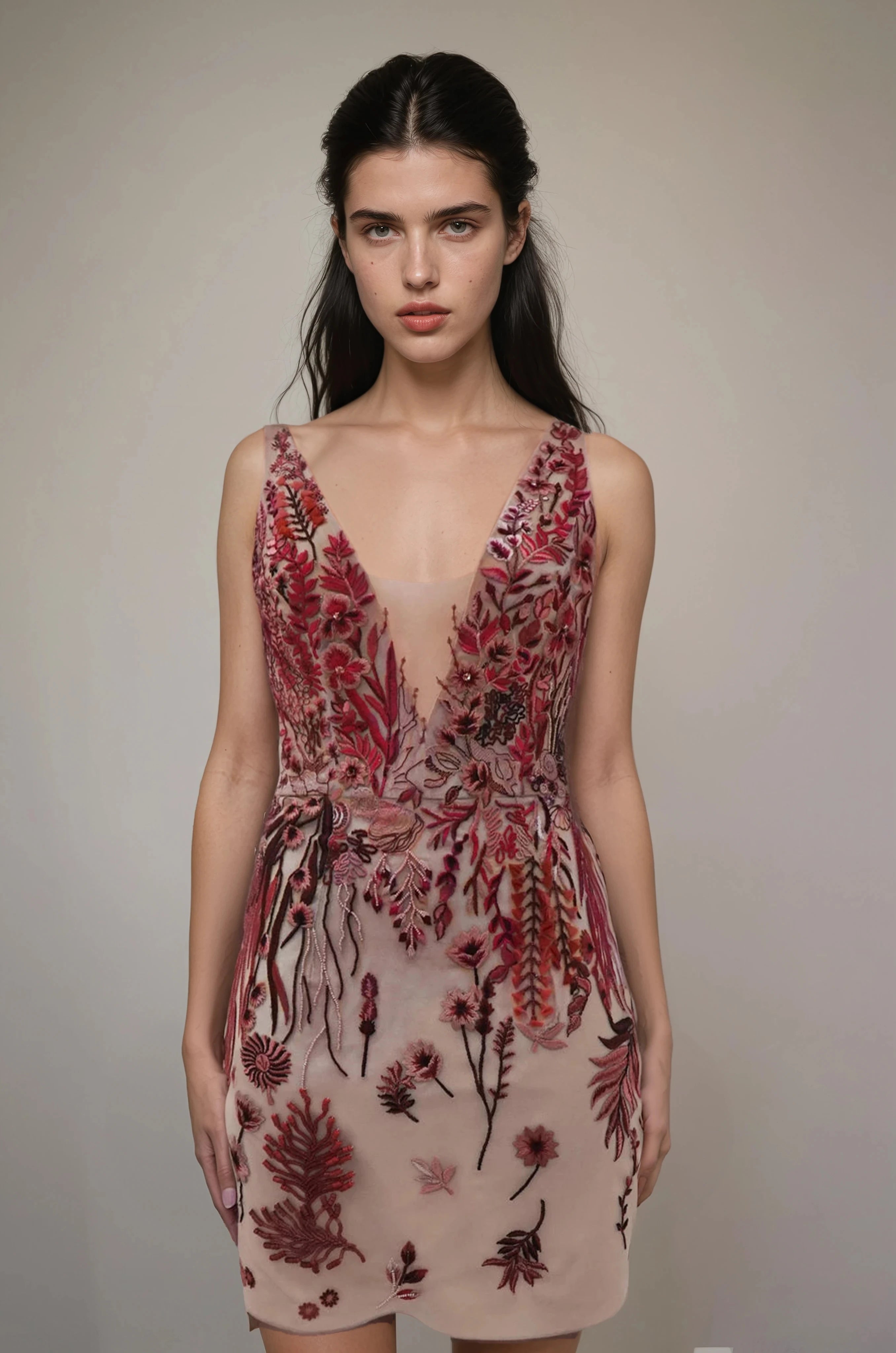 Underwater Wildflower Illusion V Front Tulle SL Mini Gown Cranberry Red