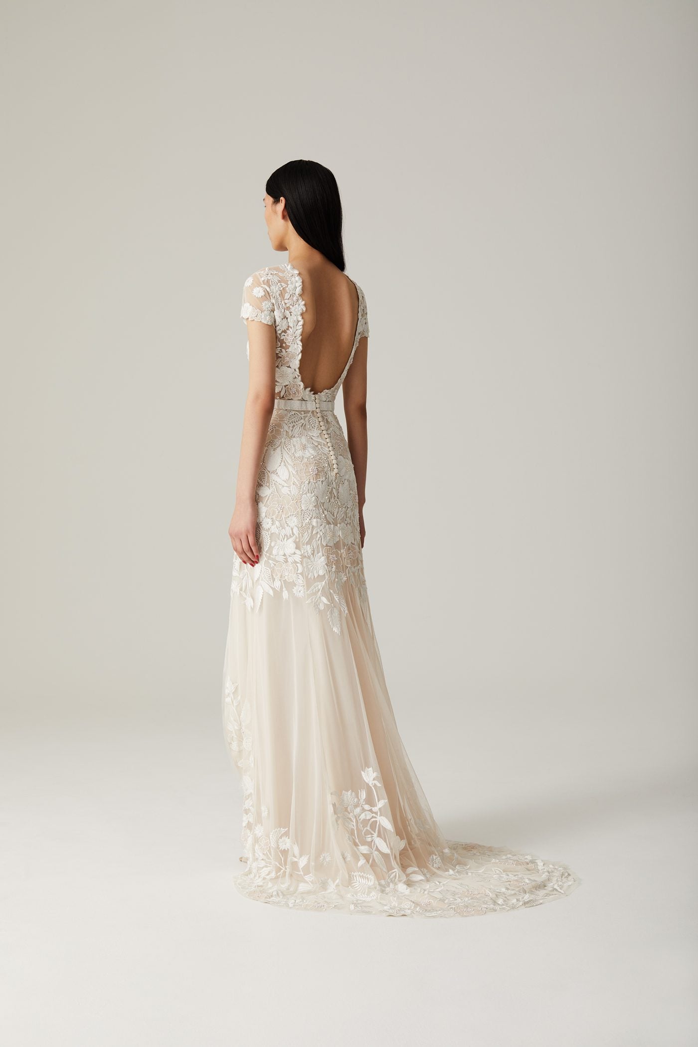 RTW Wild Rose Garden Gown With Open Back Detail in Seashell Blush with Beaded Infill