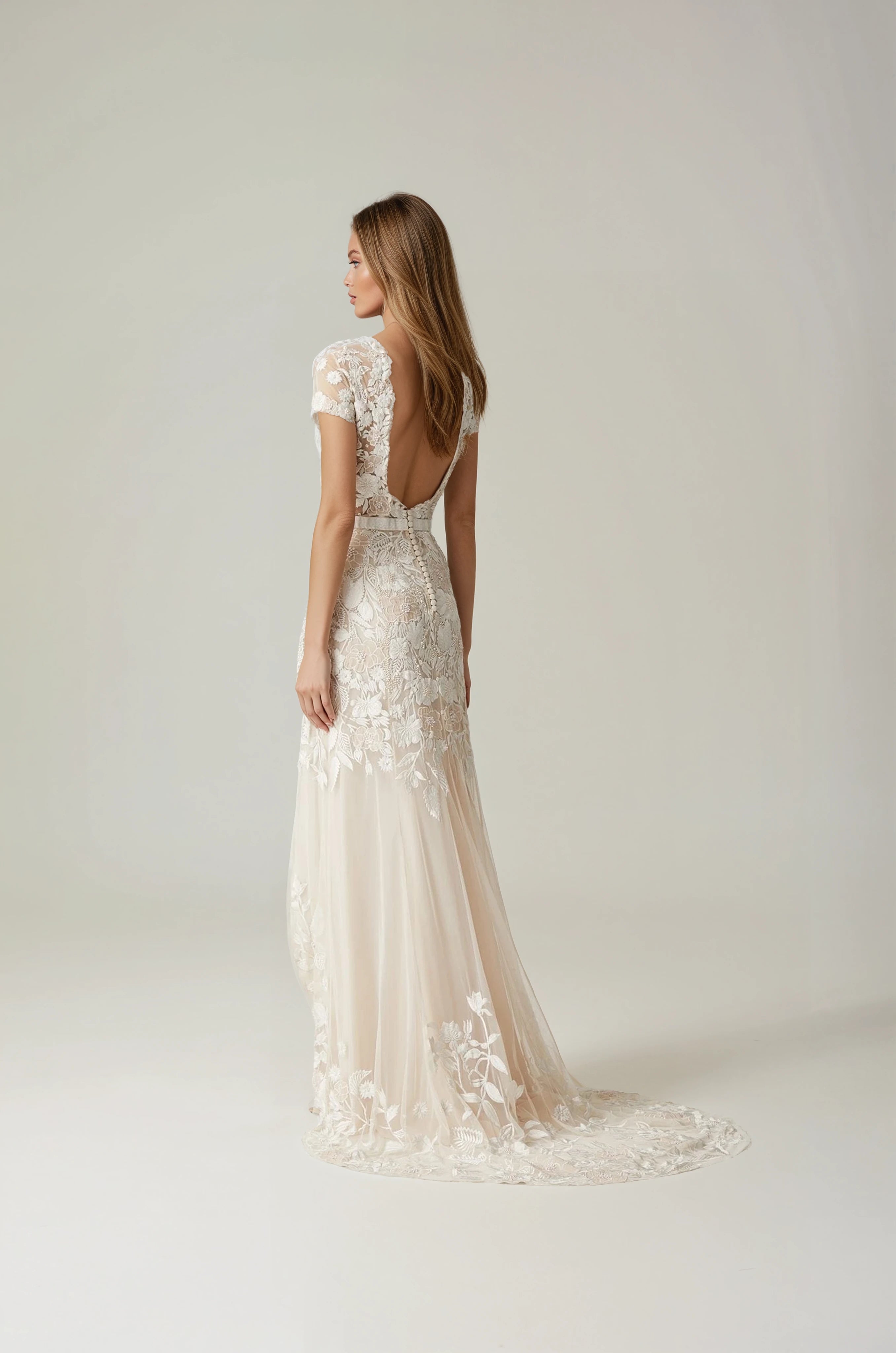 Archive Wild Rose Garden Gown With Open Back Detail in Seashell Blush with Beaded Infill