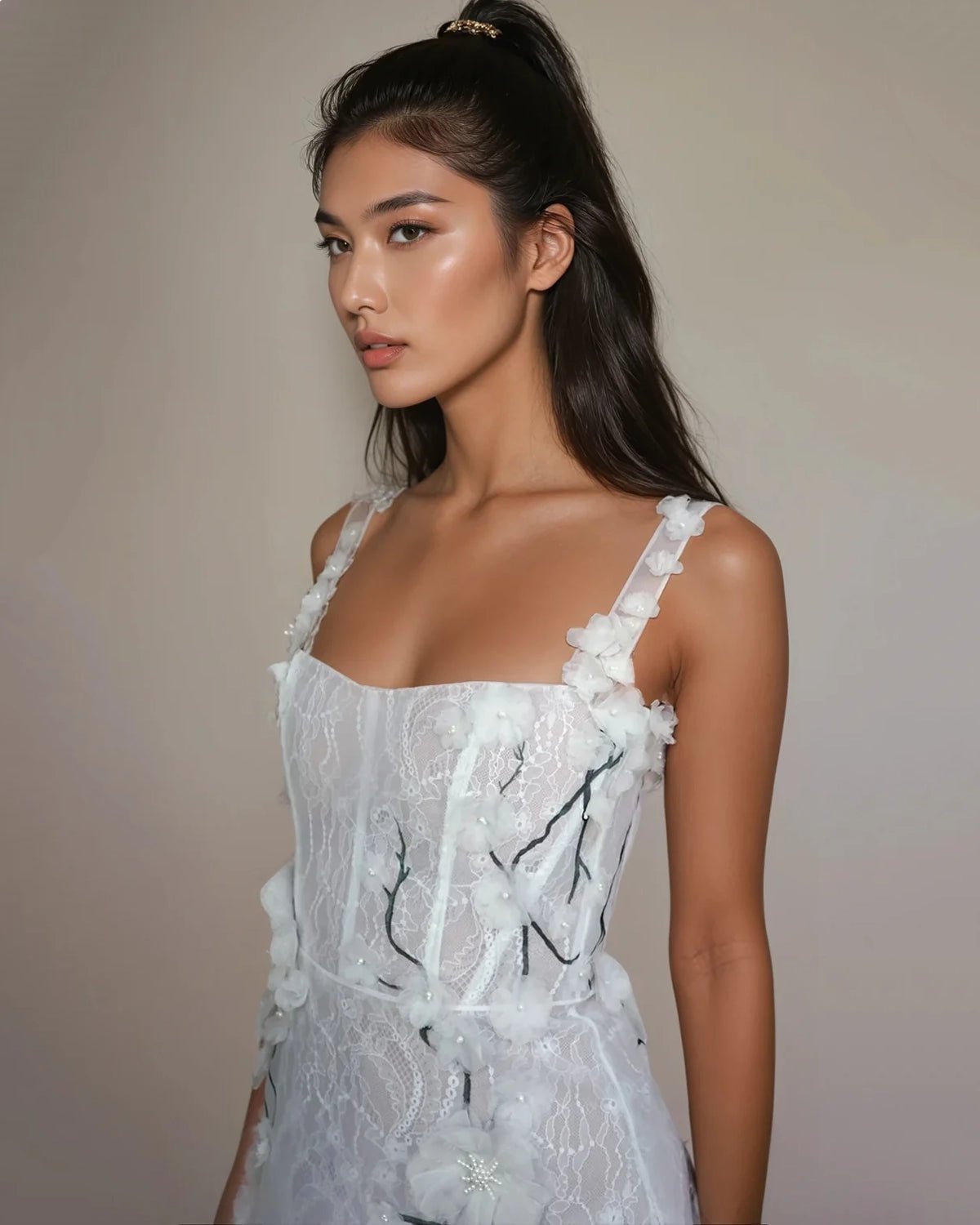 hermione-de-paula-3D Blossom Vine Dip Neck Mini Gown | Floral White Vine-botanical-couture