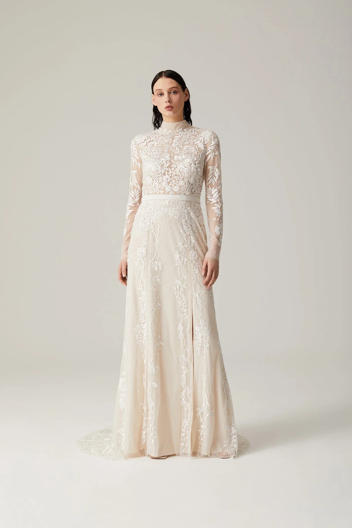 hermione-de-paula-Wisteria Rose Collar Open Back Long Sleeve Gown Rosewater