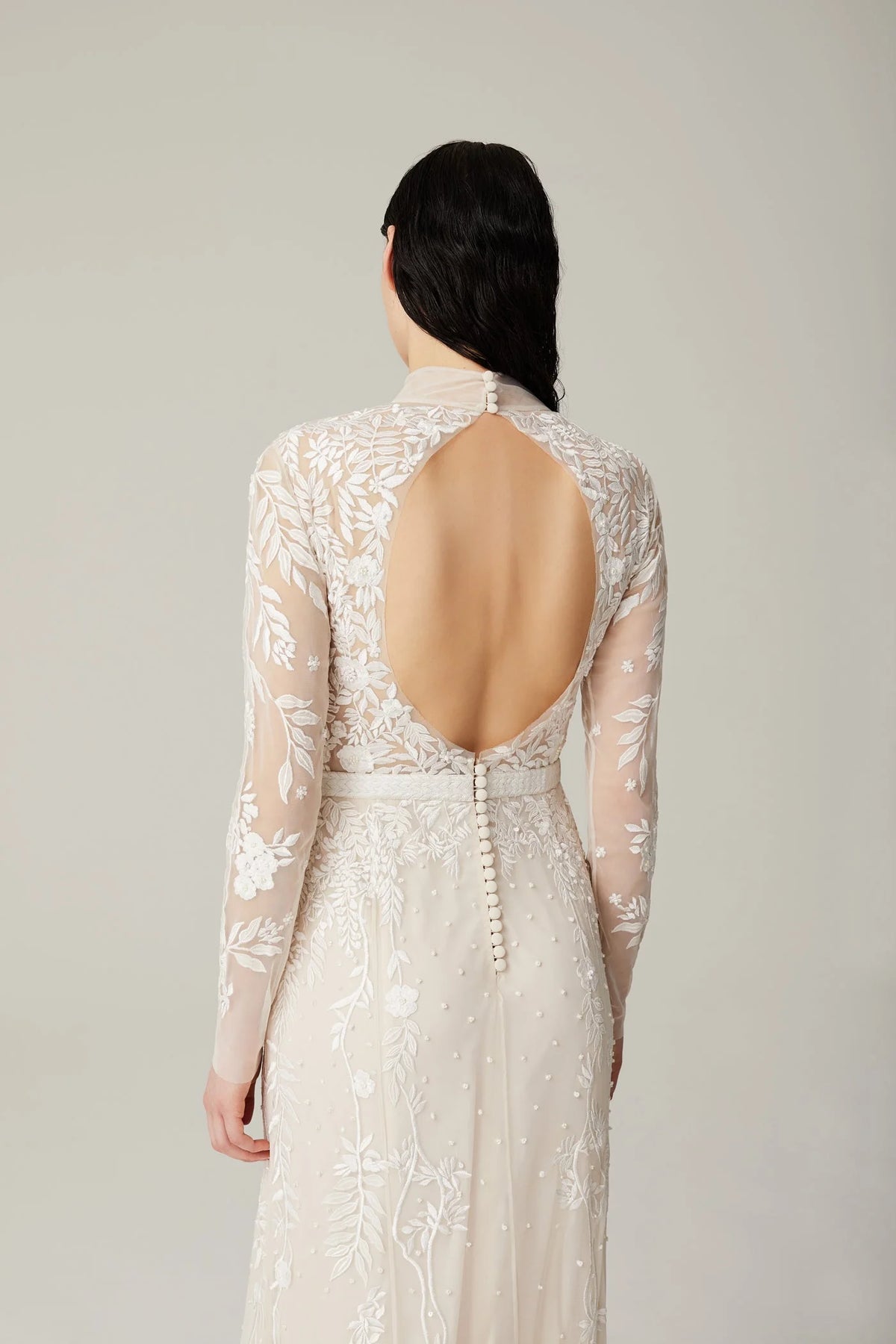 hermione-de-paula-Wisteria Rose Collar Open Back Long Sleeve Gown Rosewater