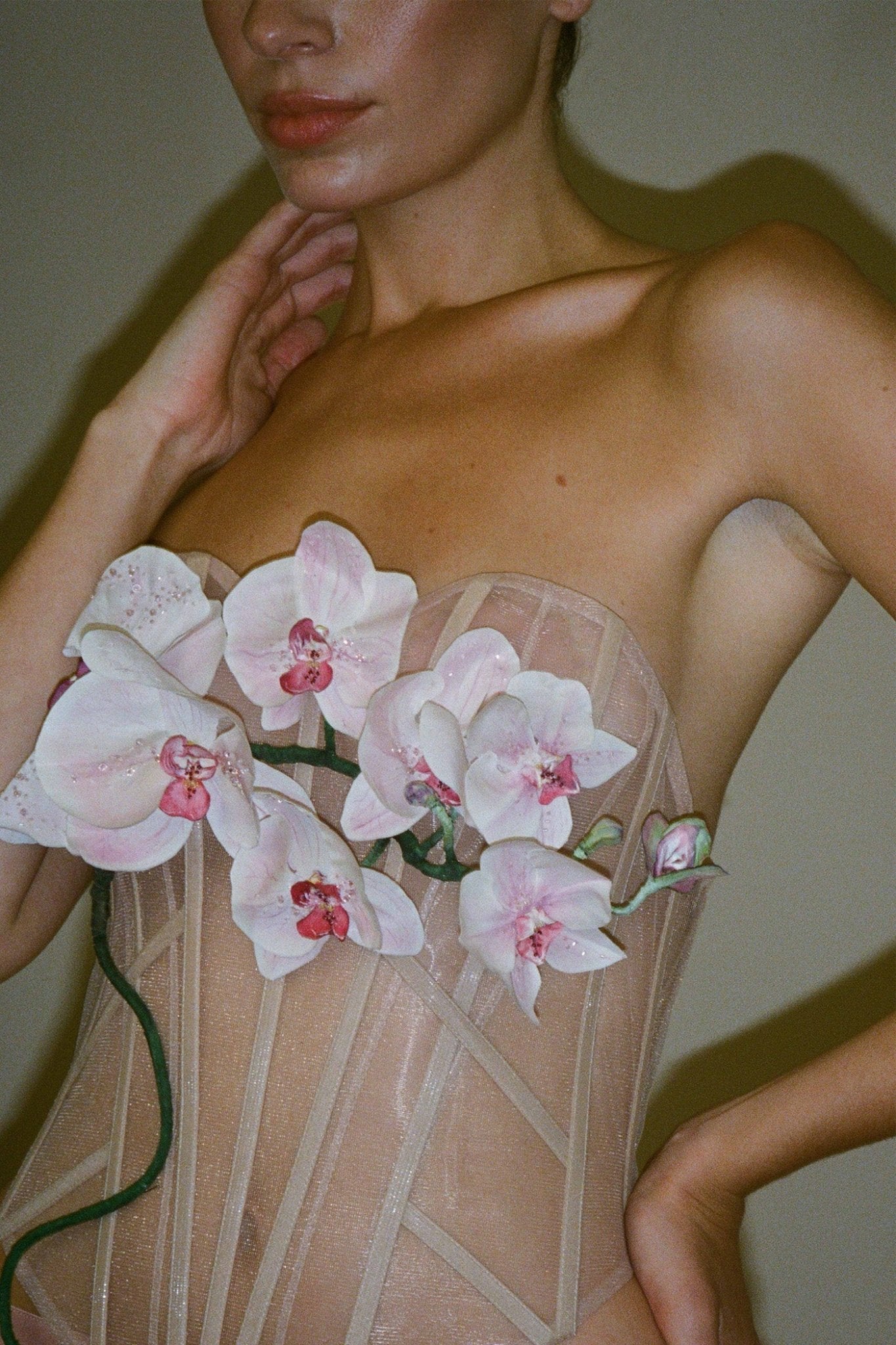 hermione - de - paula - Archive 3D Sculpted Hand Crafted 'Invisible Silk Orchid' Bodice - Hand Painted & hand beaded - botanical - couture