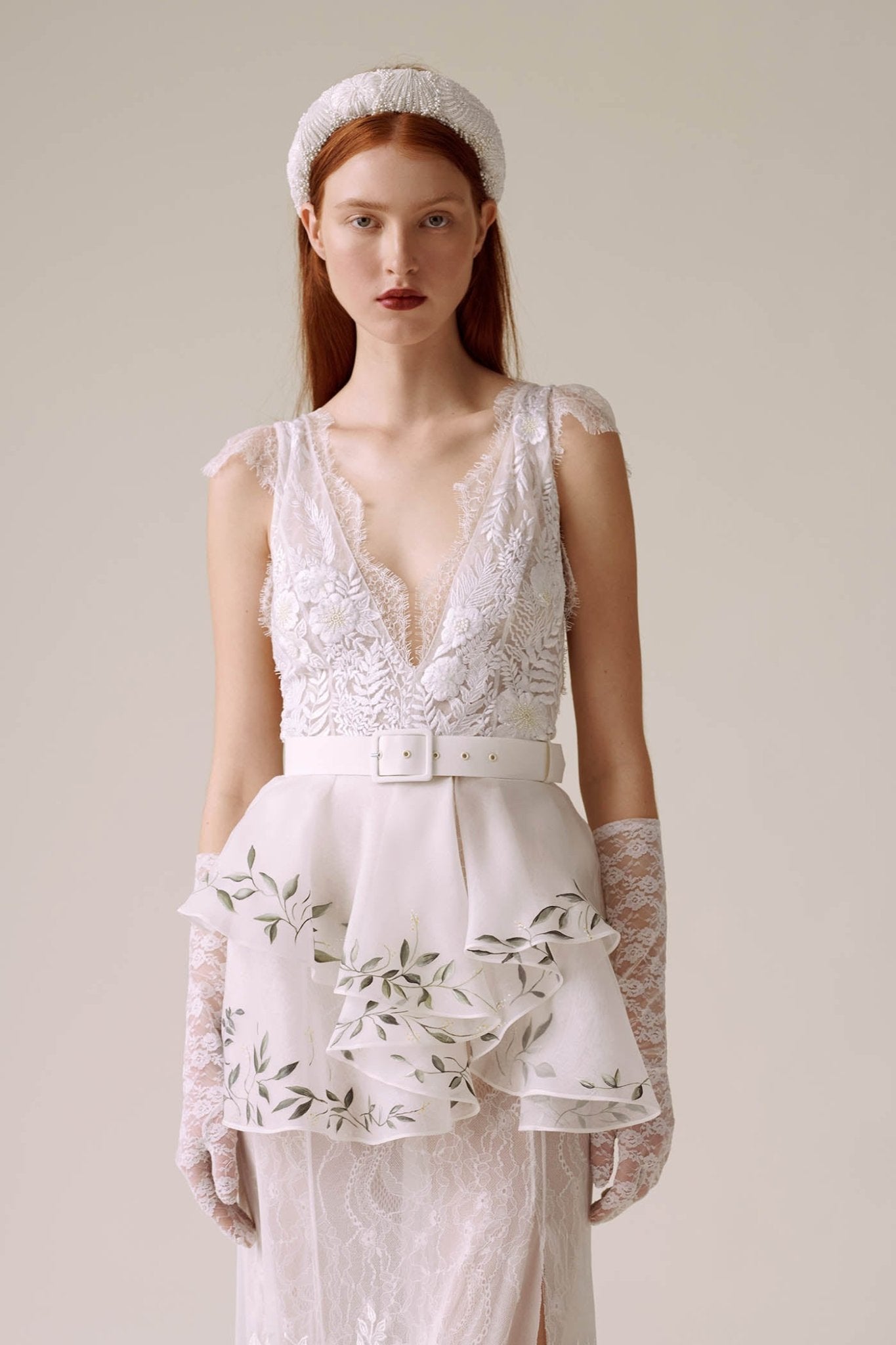 hermione - de - paula - Archive Hand Painted Silk Organza Cream Peplum - botanical - couture