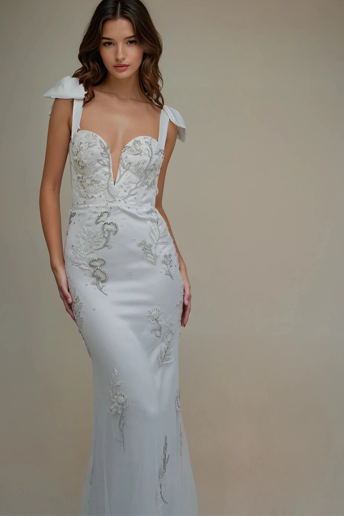 hermione - de - paula - Archive Lunar Garden Cupped Deep V Gown with Satin Bow Straps - botanical - couture