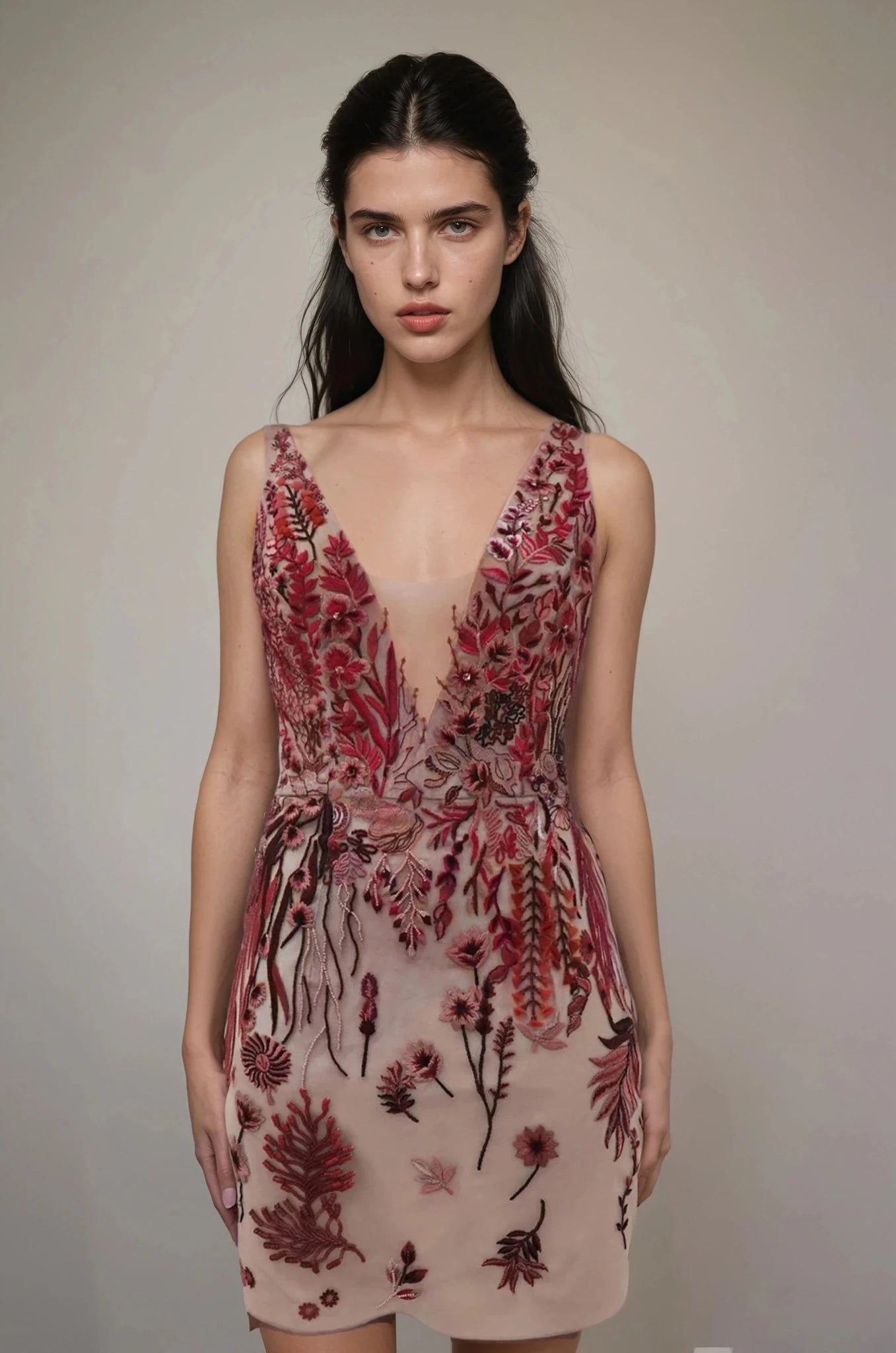 Underwater Wildflower Illusion V Front Tulle SL Mini Gown Cranberry Red