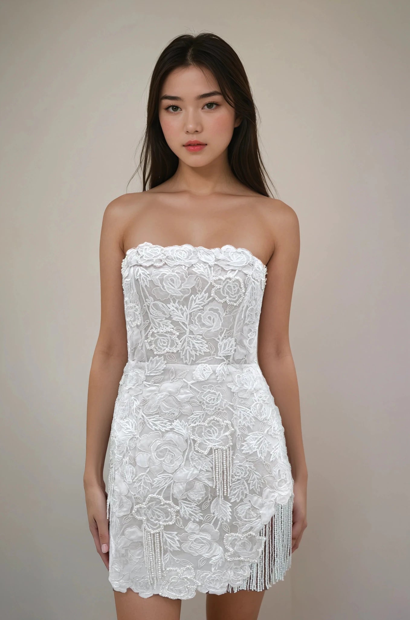 hermione - de - paula - Archive Wild Rose Pearl Beaded Tassel SL Mini Gown Floral White - New Sample Never Worn - botanical - couture