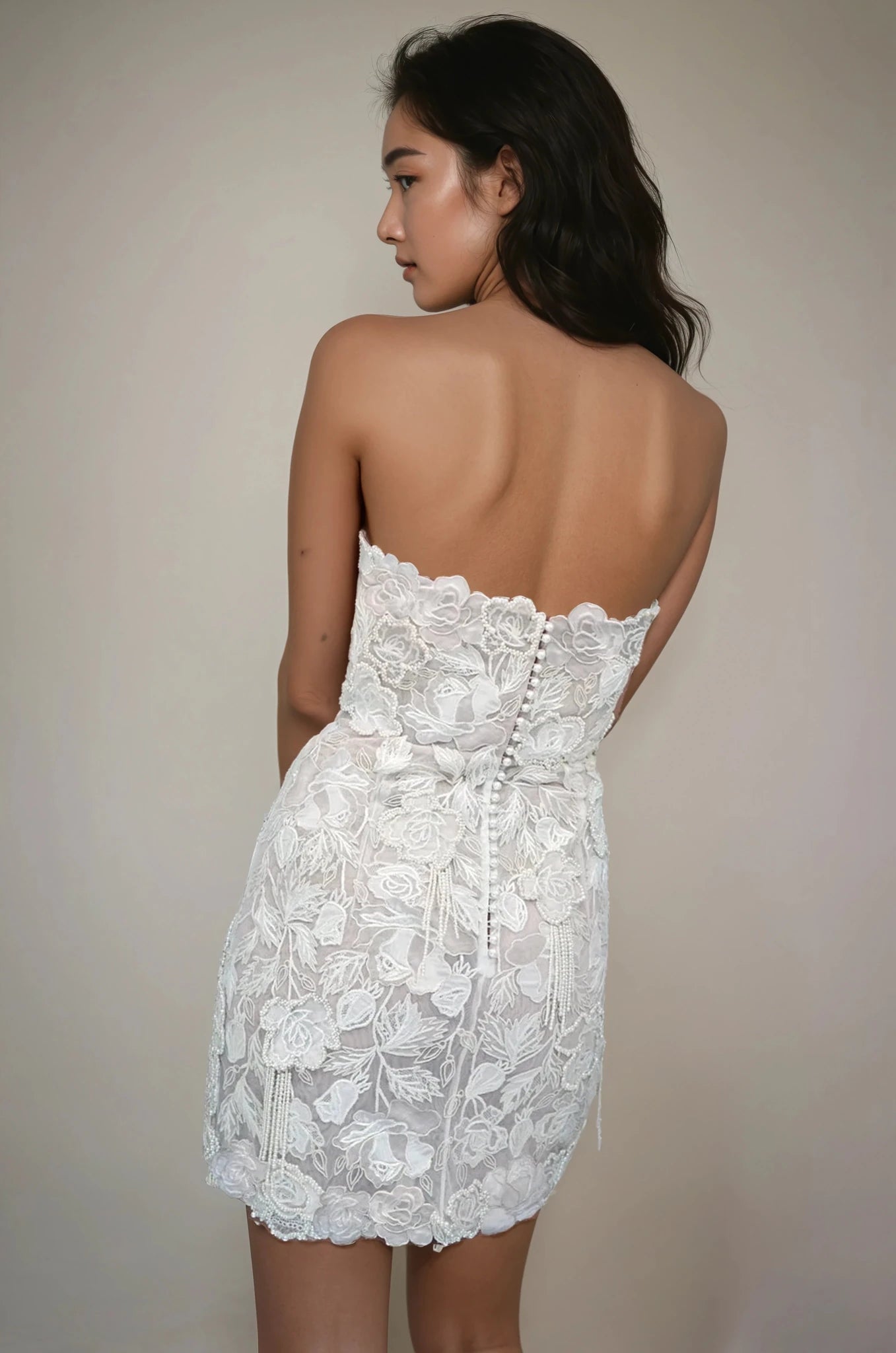 hermione - de - paula - Archive Wild Rose Pearl Beaded Tassel SL Mini Gown Floral White - New Sample Never Worn - botanical - couture