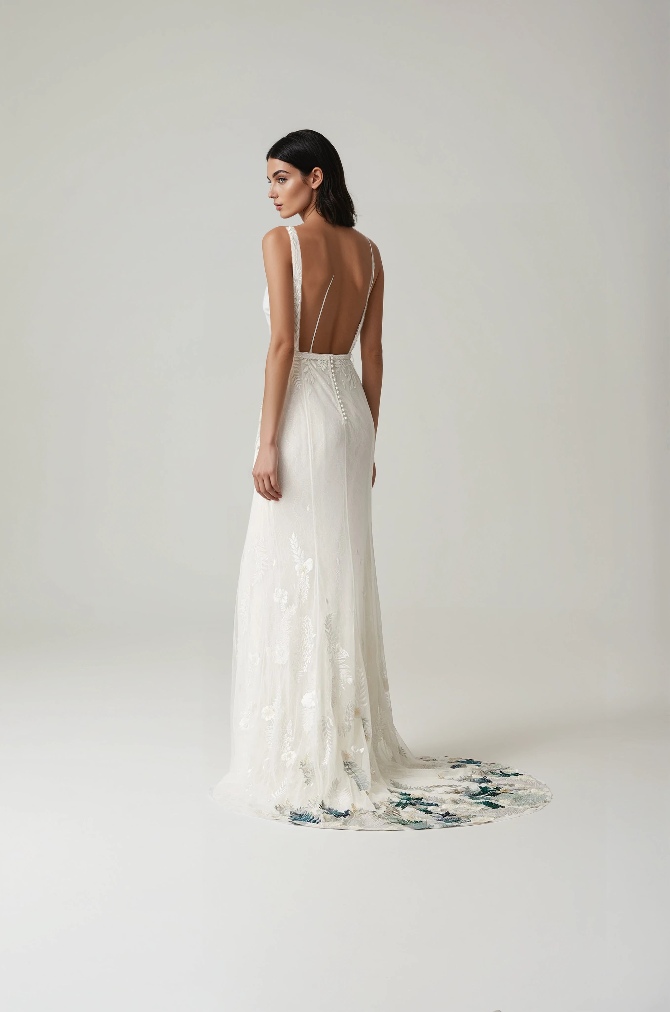 Fern and Rose Slim Fit Gown with Deep V Illusion Neckline | Hermione de Paula Bridal Boutique