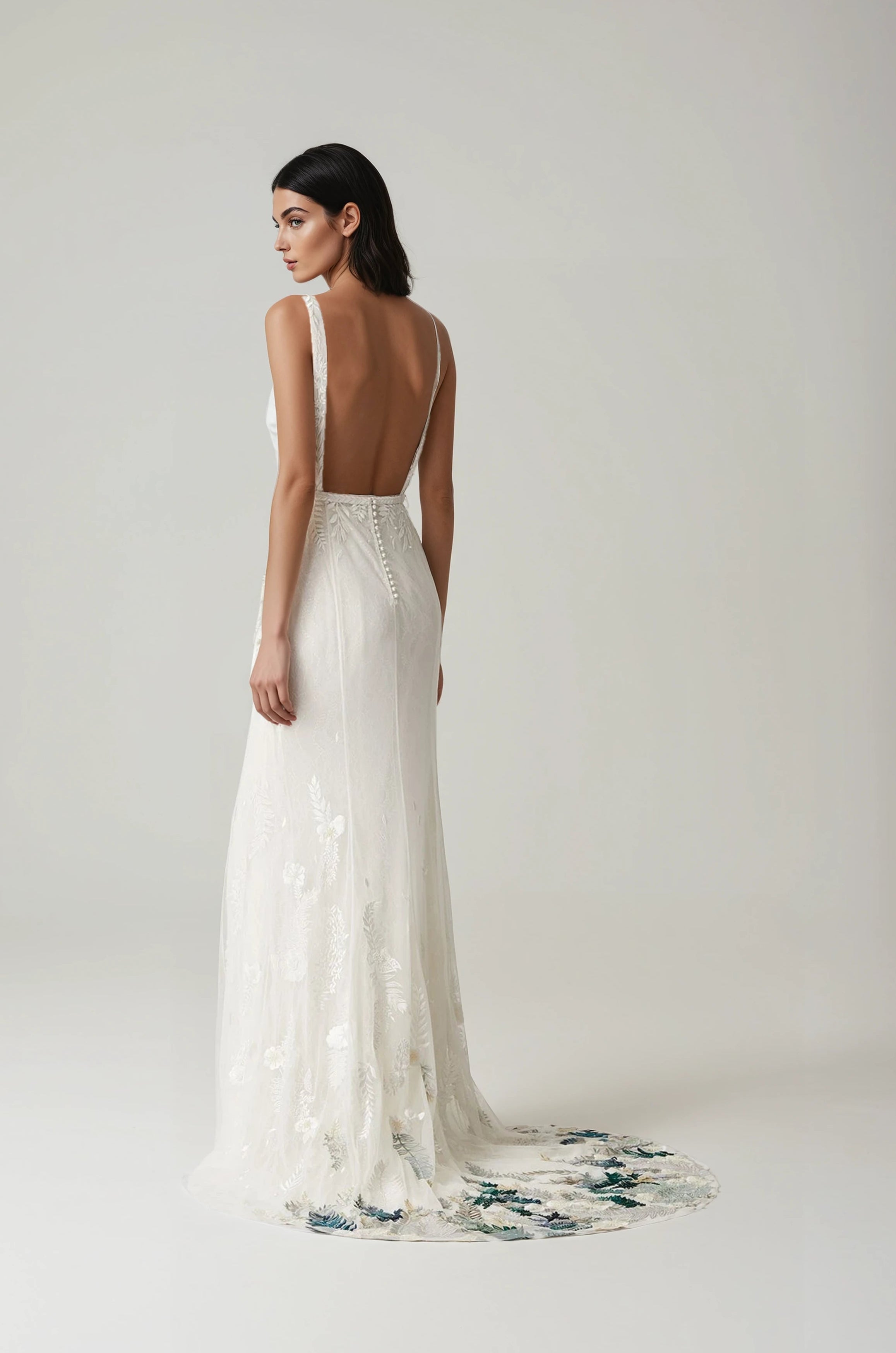 Fern and Rose Slim Fit Illusion V Open Square Back SL Forest Hem Gown Floral White